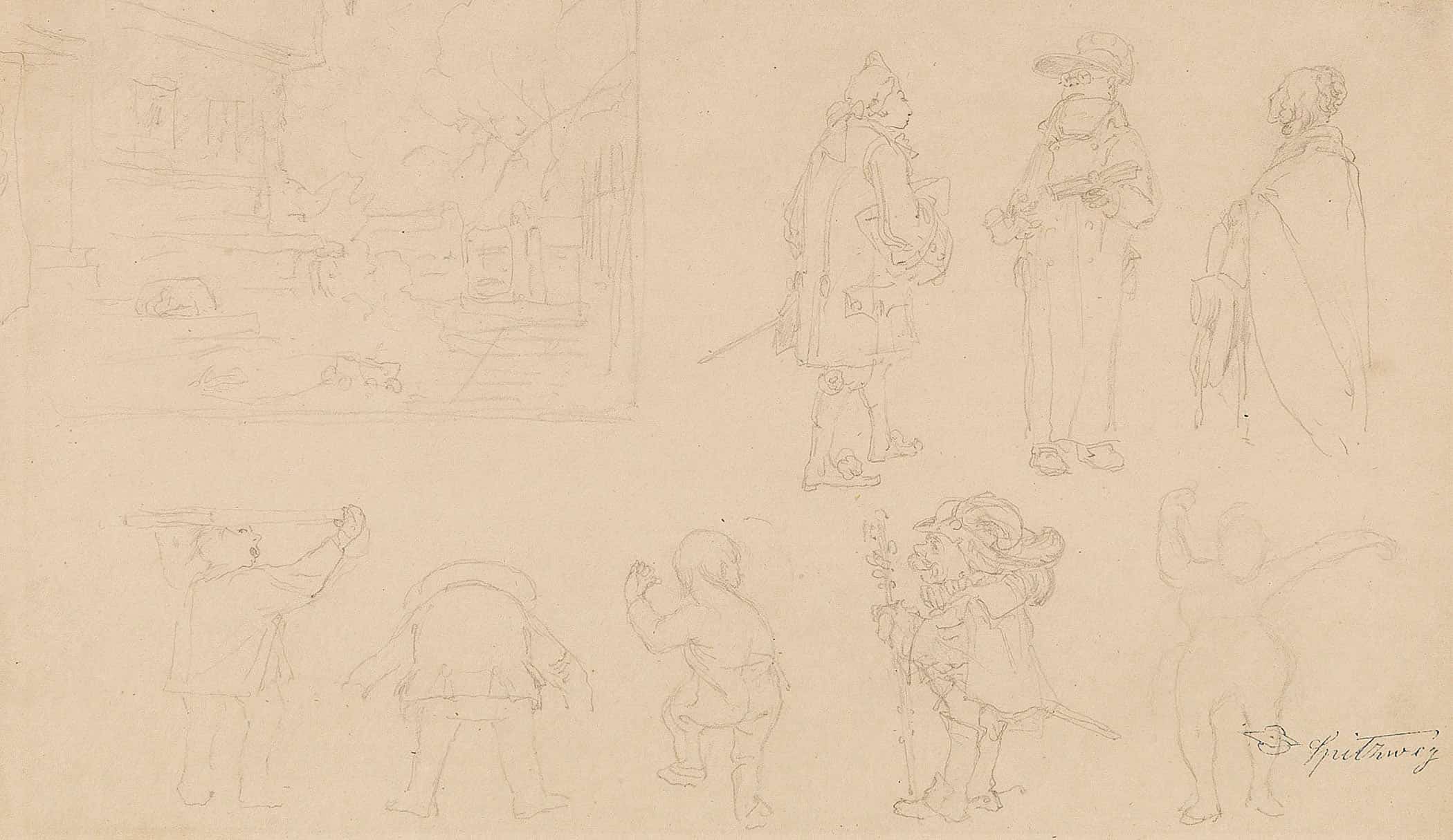 Skizzenblatt Mit Figurenskizzen Darunter Gnome Sowie Gartenkomposition Mit Tor Haus Hund Und Baumen by Carl Spitzweg