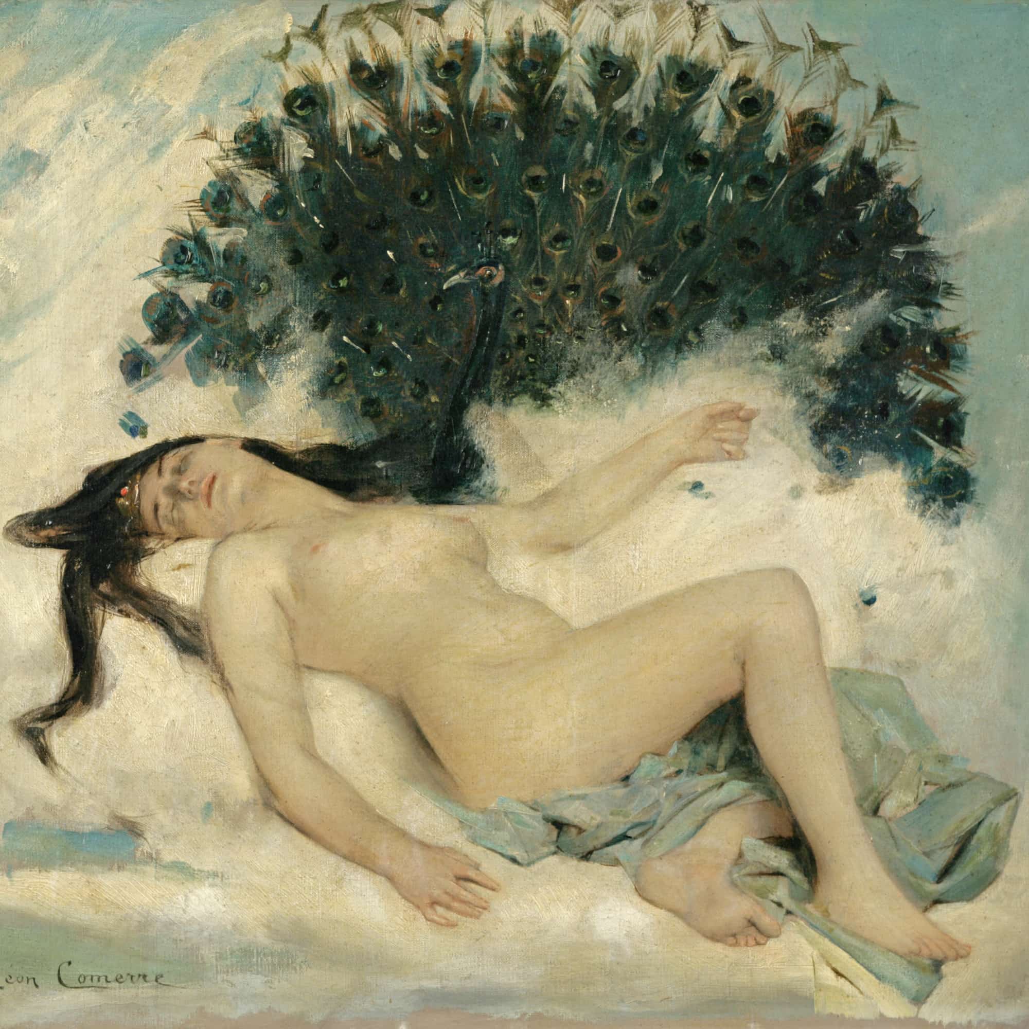 Sleeping Woman With A Peacock by Leon Francois Comerre