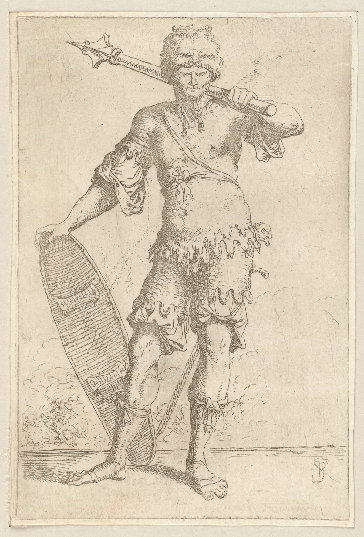 Soldier En Face Shouldering A Pike And Holding A Shield  by Salvator Rosa