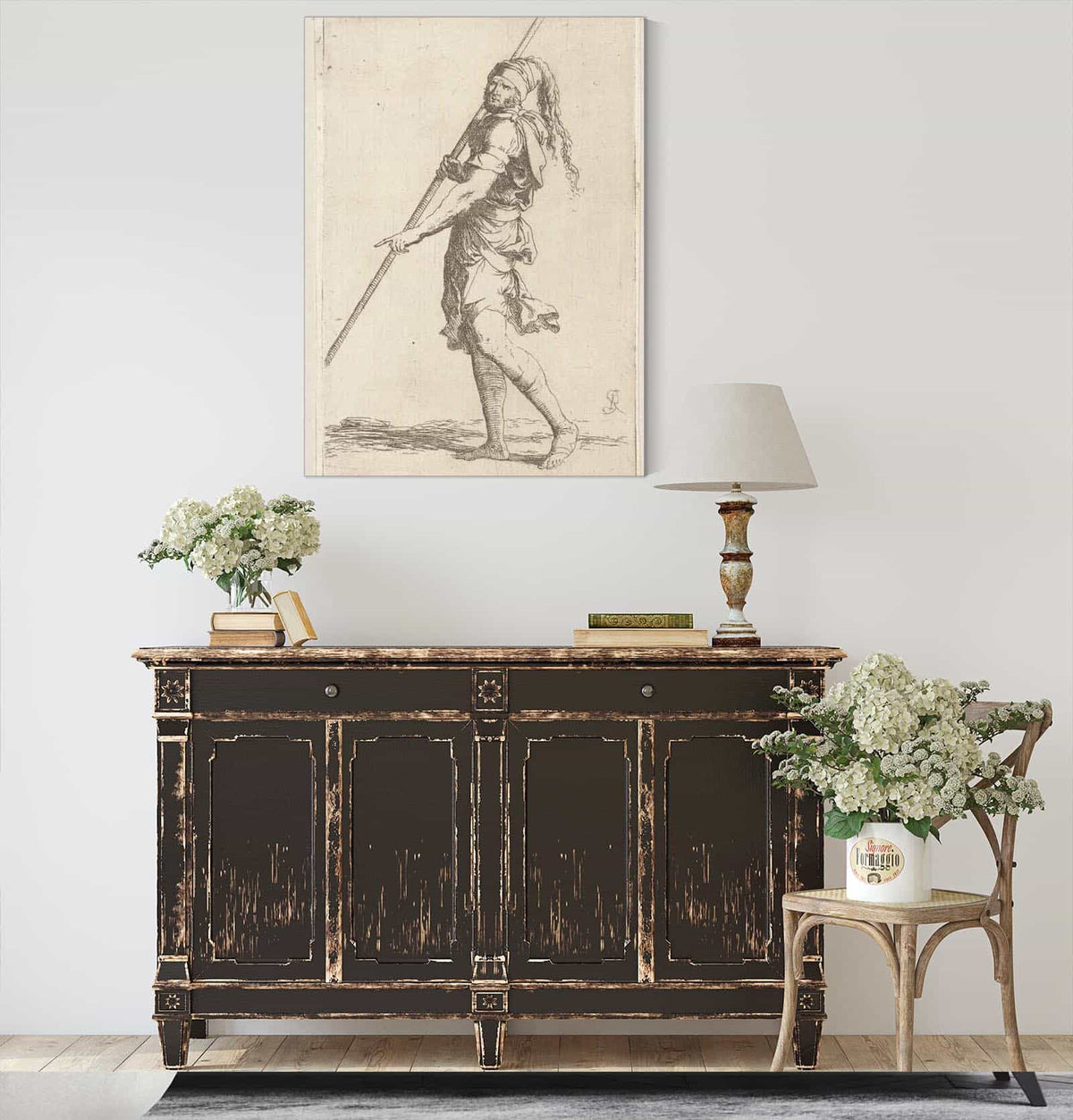 Soldier Holding A Cane With Both Hands Walking Toward The Left  by Salvator Rosa