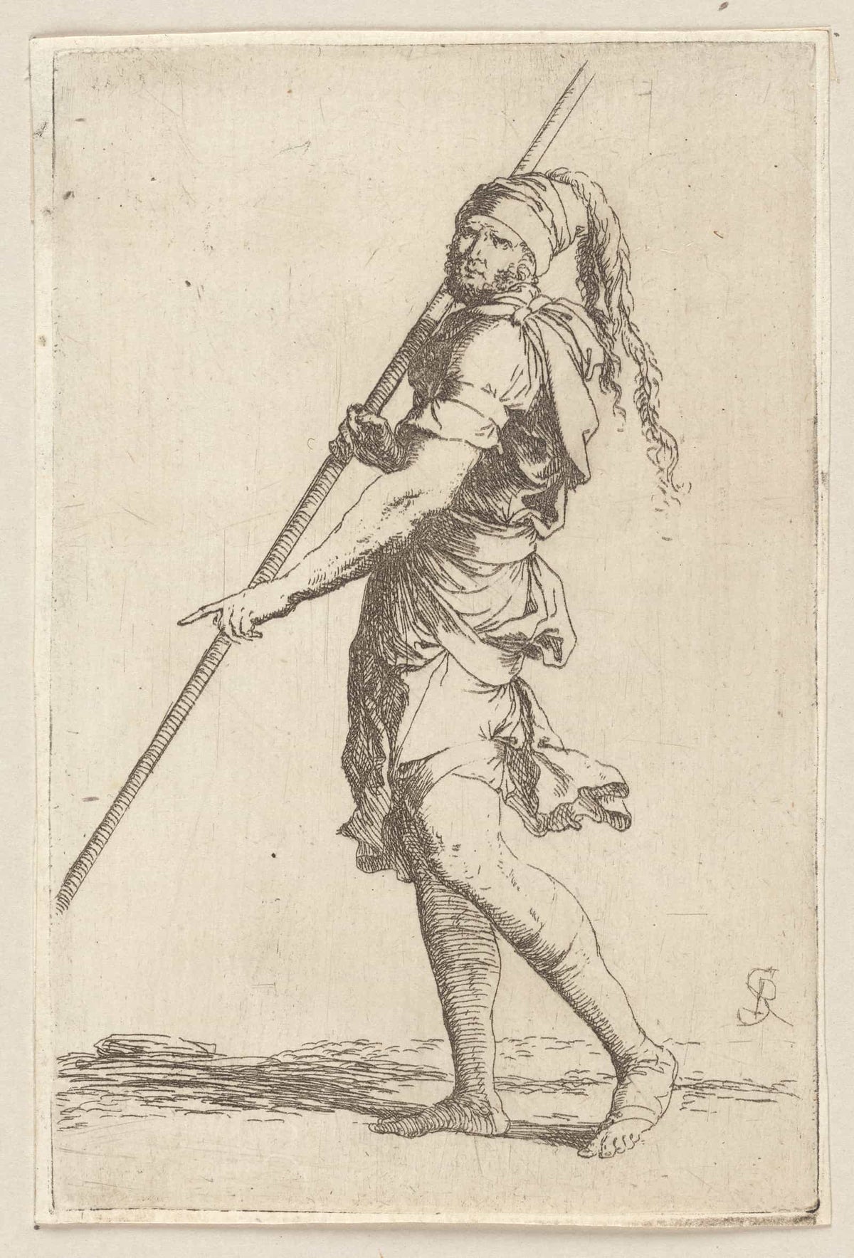 Soldier Holding A Cane With Both Hands Walking Toward The Left  by Salvator Rosa