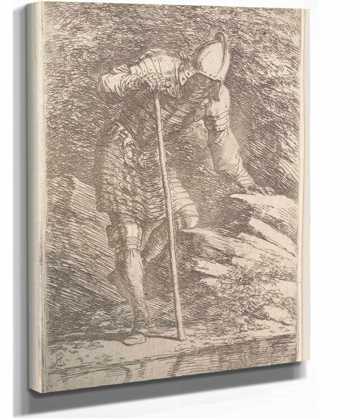 Soldier In Helmet And Armor Regarding A Stream  by Salvator Rosa