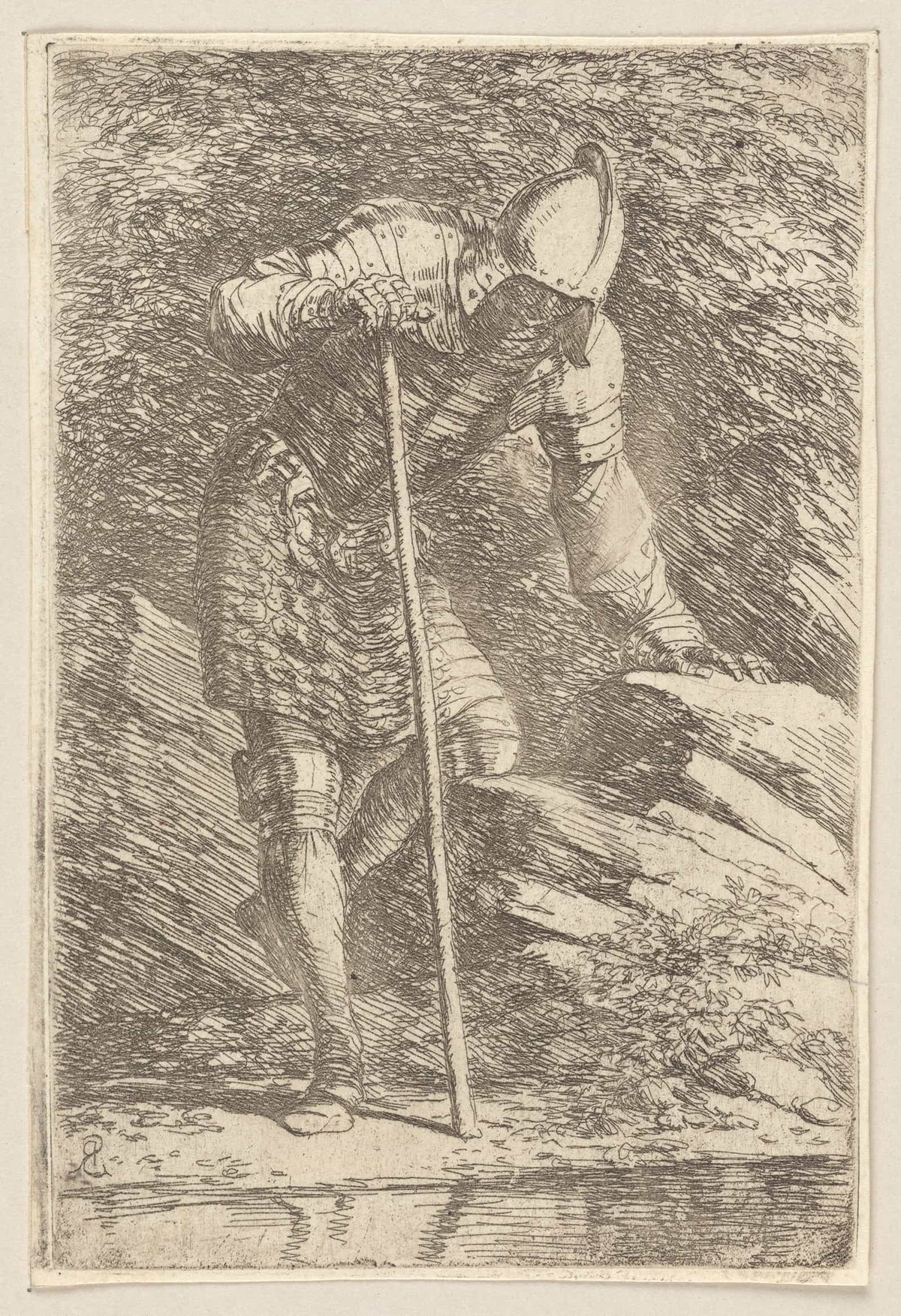 Soldier In Helmet And Armor Regarding A Stream  by Salvator Rosa
