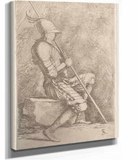 Soldier Seated In A Helmet Holding A Cane  by Salvator Rosa