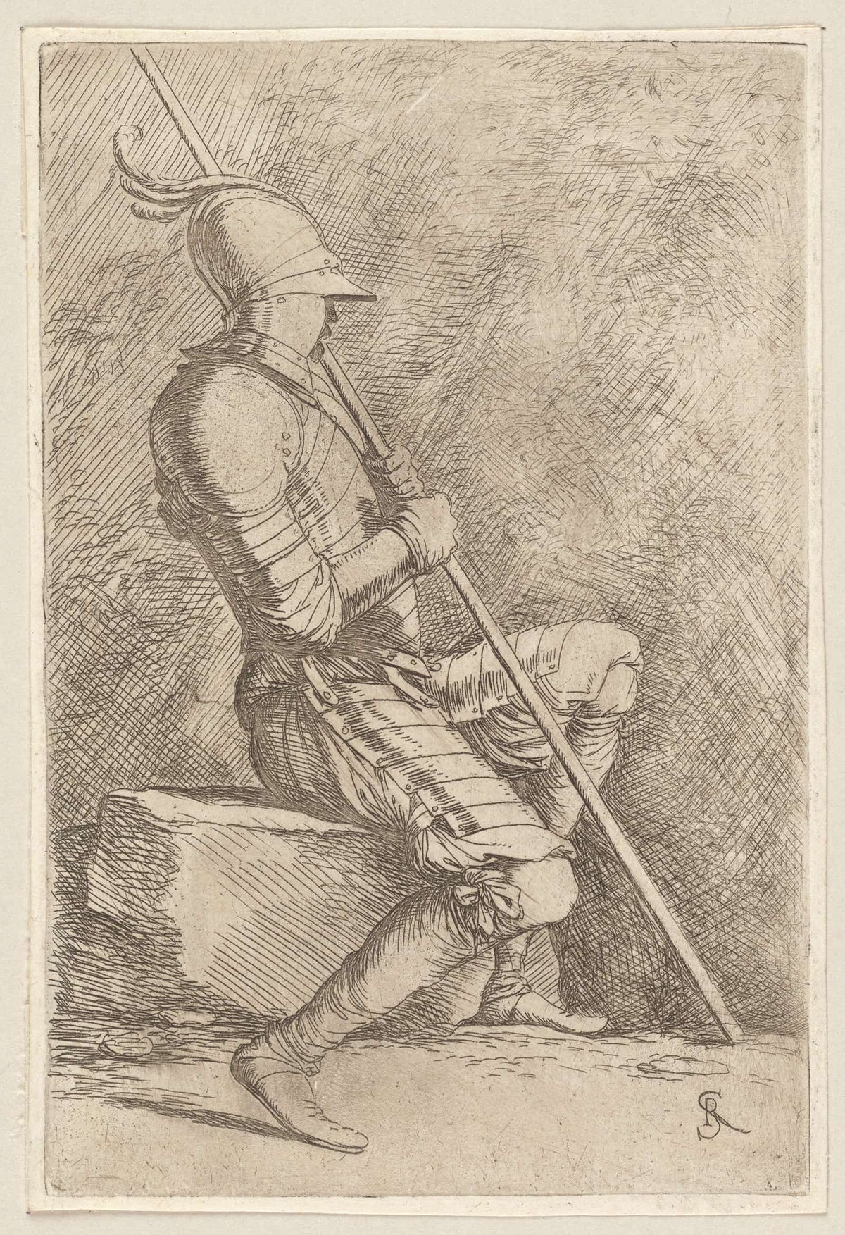 Soldier Seated In A Helmet Holding A Cane  by Salvator Rosa