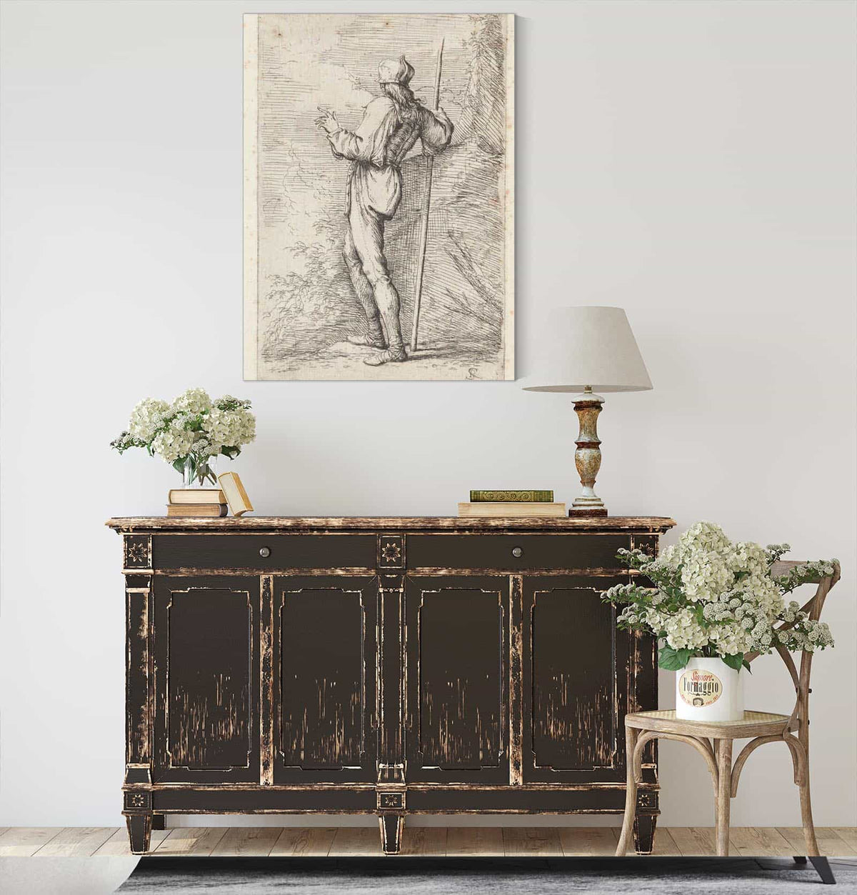 Soldier Standing Holding A Long Cane Before A Rocky Wall  by Salvator Rosa