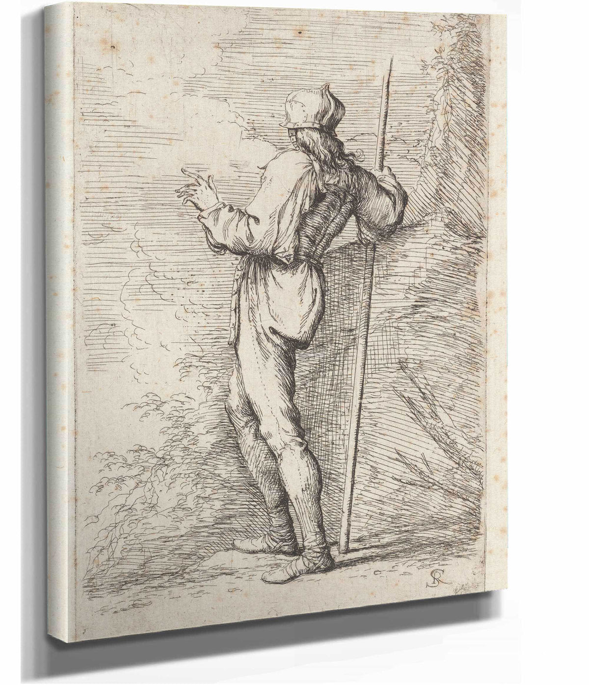 Soldier Standing Holding A Long Cane Before A Rocky Wall  by Salvator Rosa