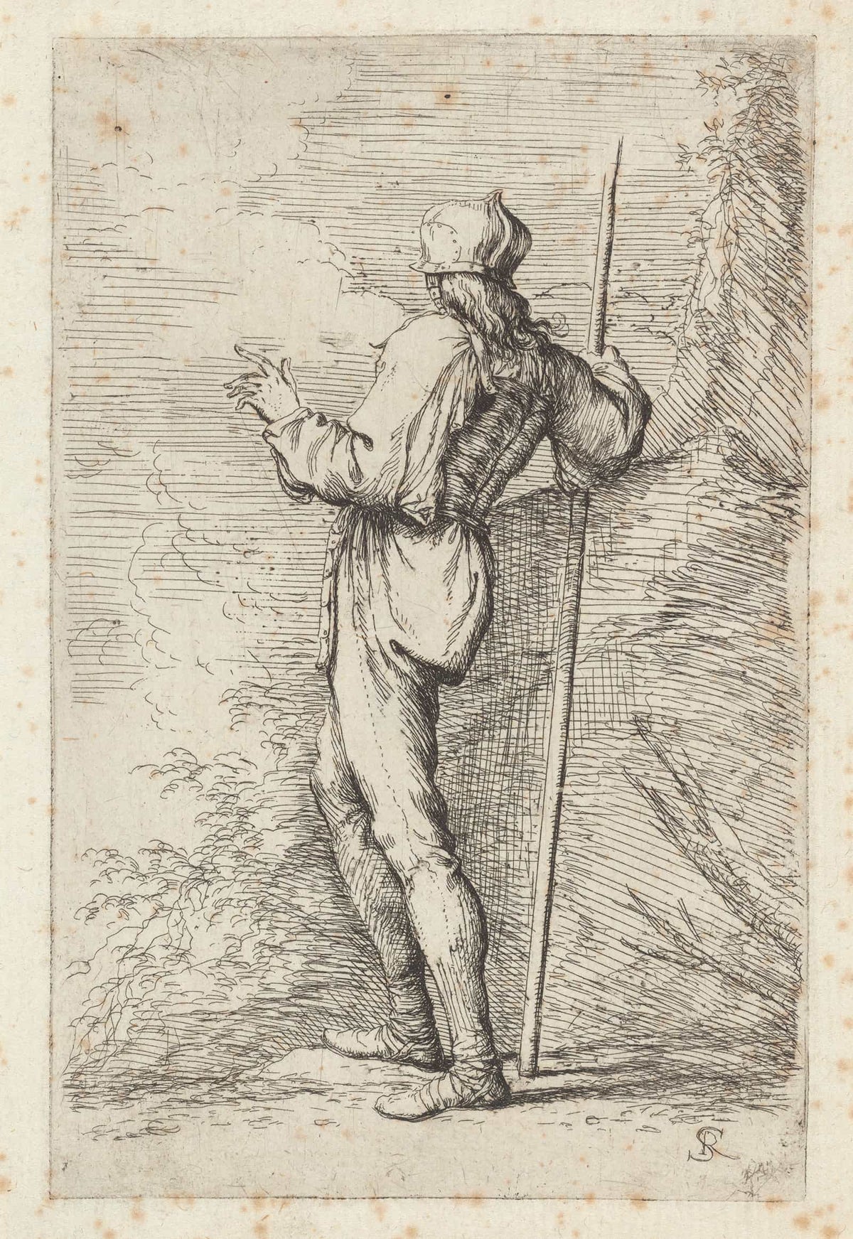 Soldier Standing Holding A Long Cane Before A Rocky Wall  by Salvator Rosa