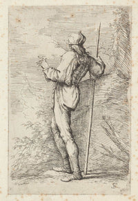 Soldier Standing Holding A Long Cane Before A Rocky Wall  by Salvator Rosa