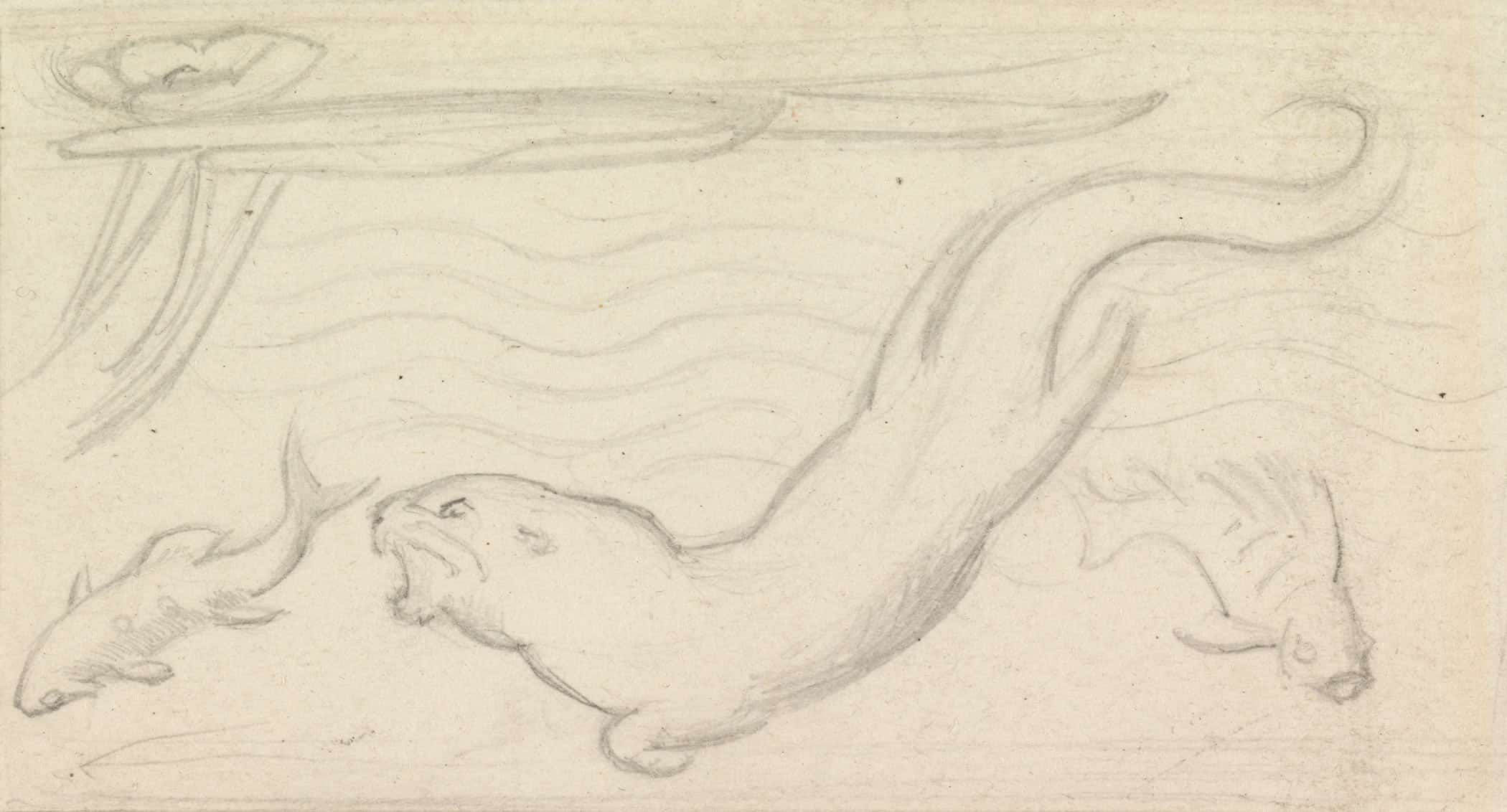 Stained Glass Study An Otter And Two Fish by Sir John Everett Millais