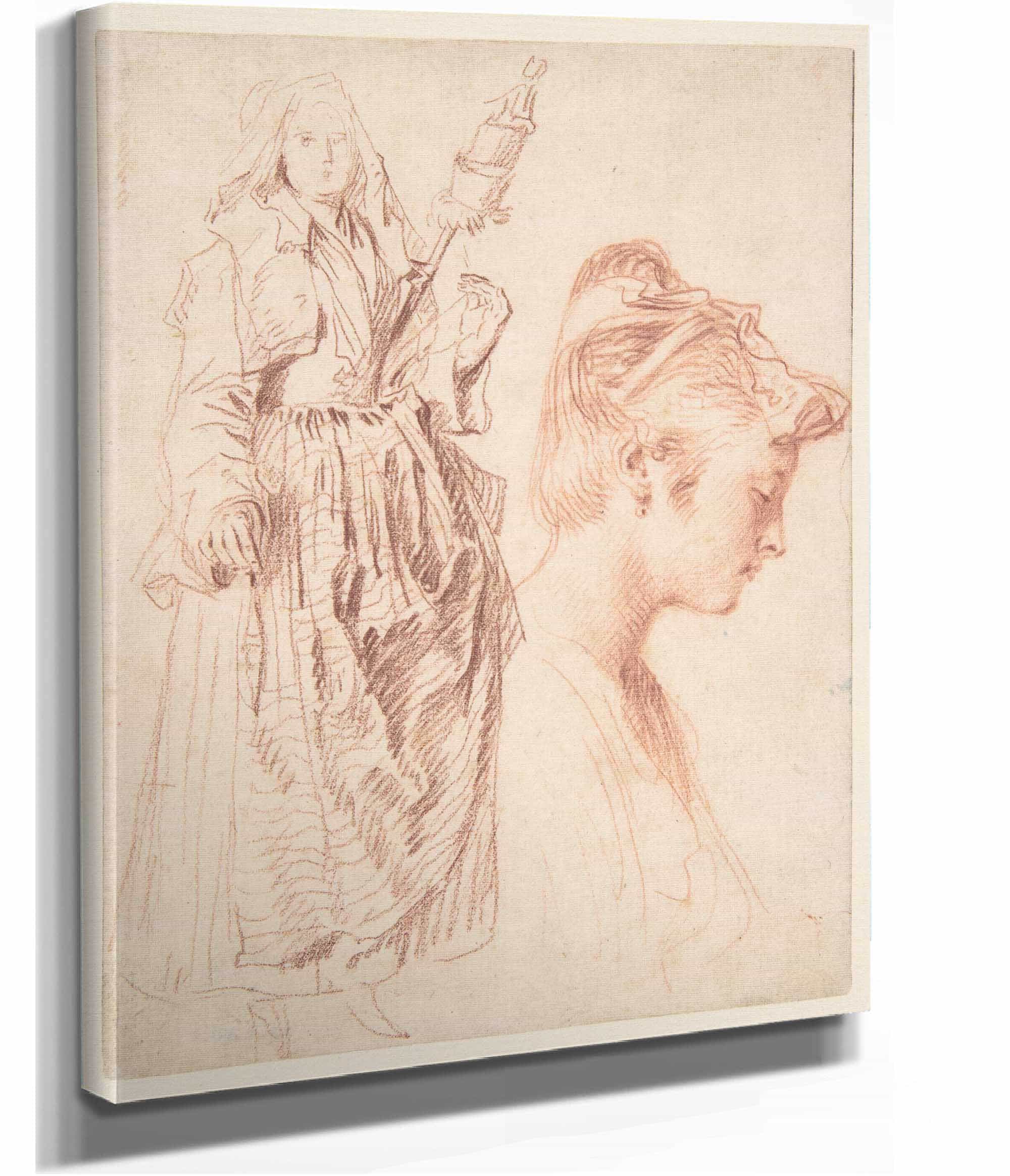 Standing Woman Holding A Spindle And Head Of A Woman by Jean Antoine Watteau