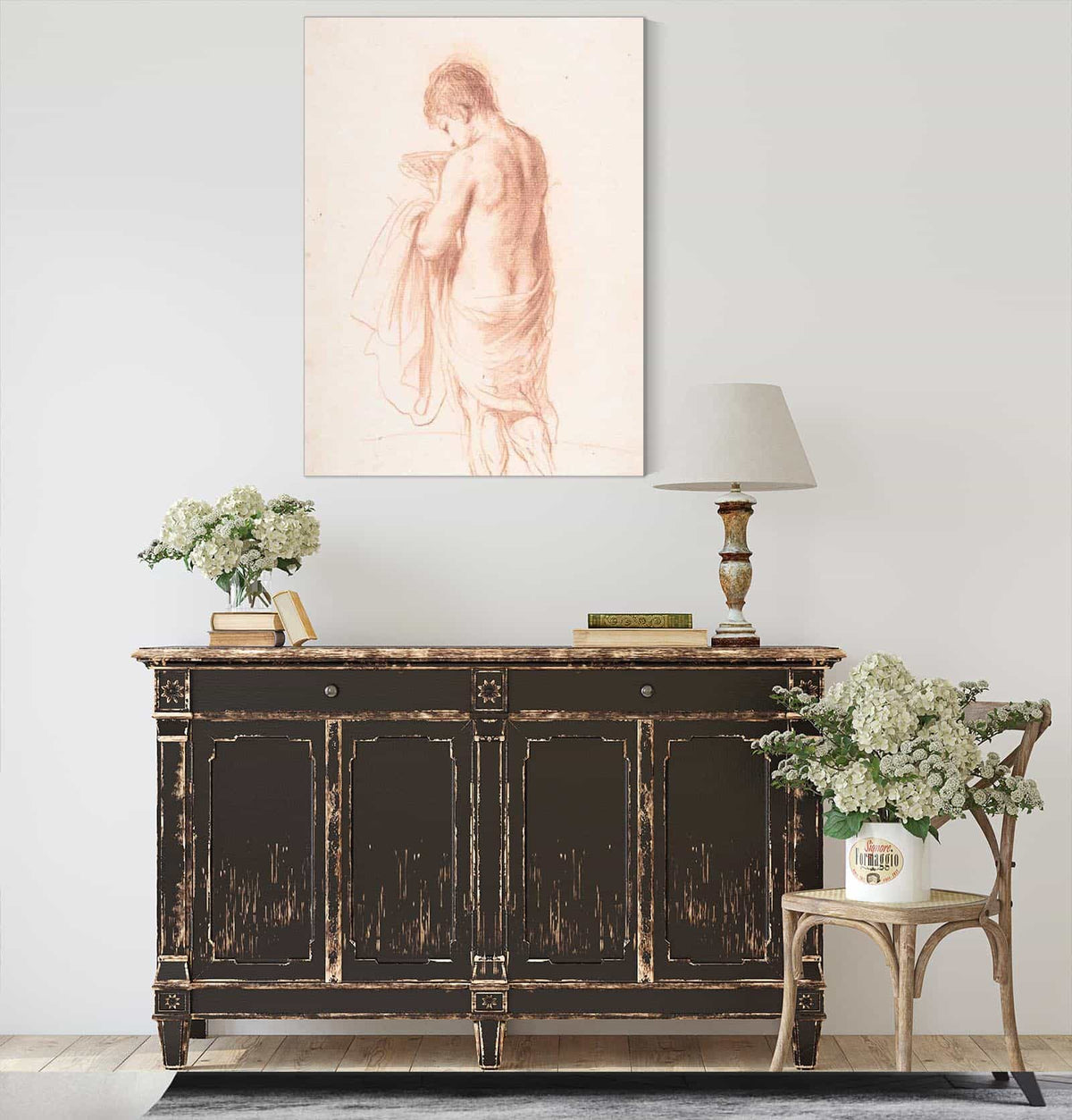 Standing Youth Seen From Behind Holding A Bowl   by Guercino