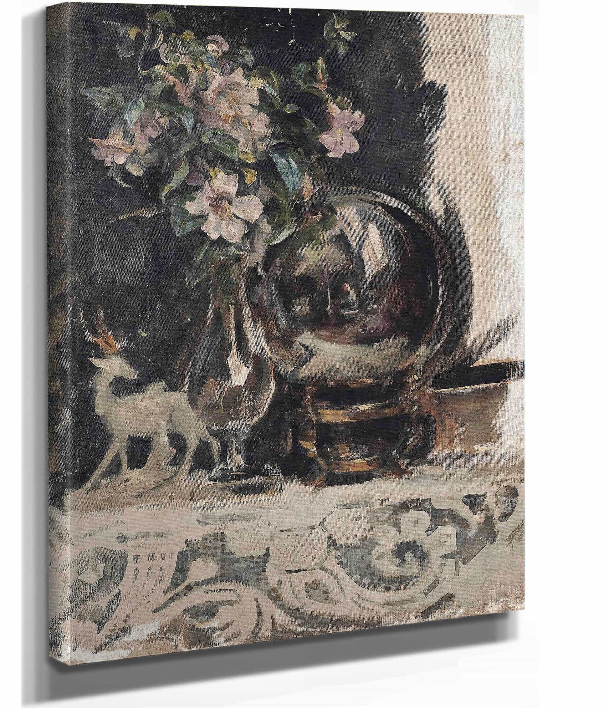 Still Life Of Flowers A Statue And A Globe On A Mantelpiece by James Jebusa Shannon