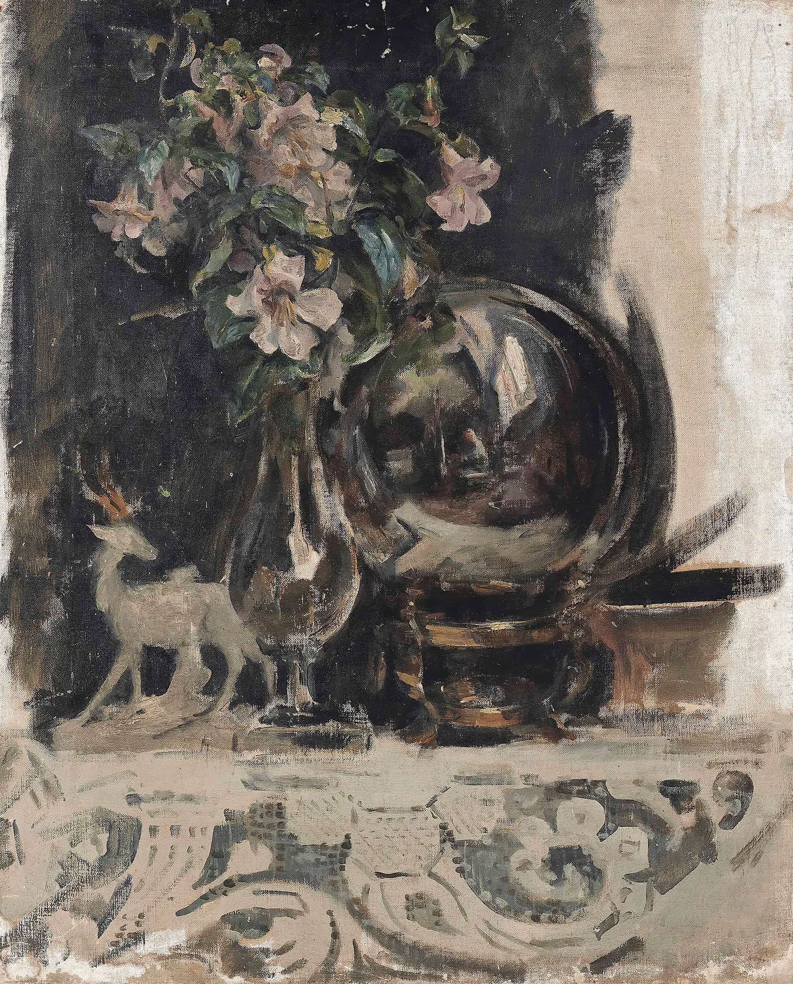 Still Life Of Flowers A Statue And A Globe On A Mantelpiece by James Jebusa Shannon