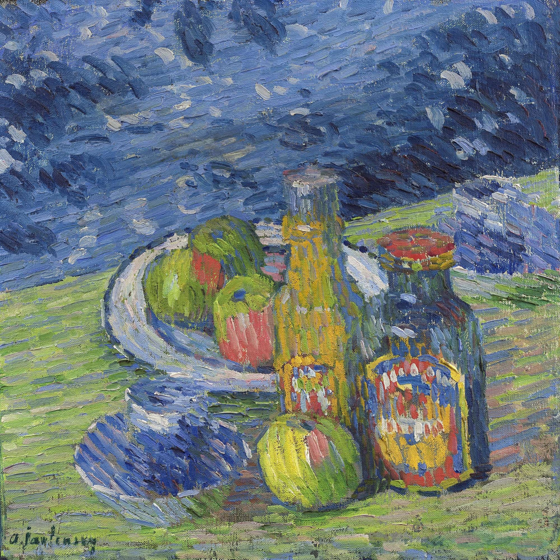 Still Life With Bottles And Fruit by Alexej Von Jawlensky