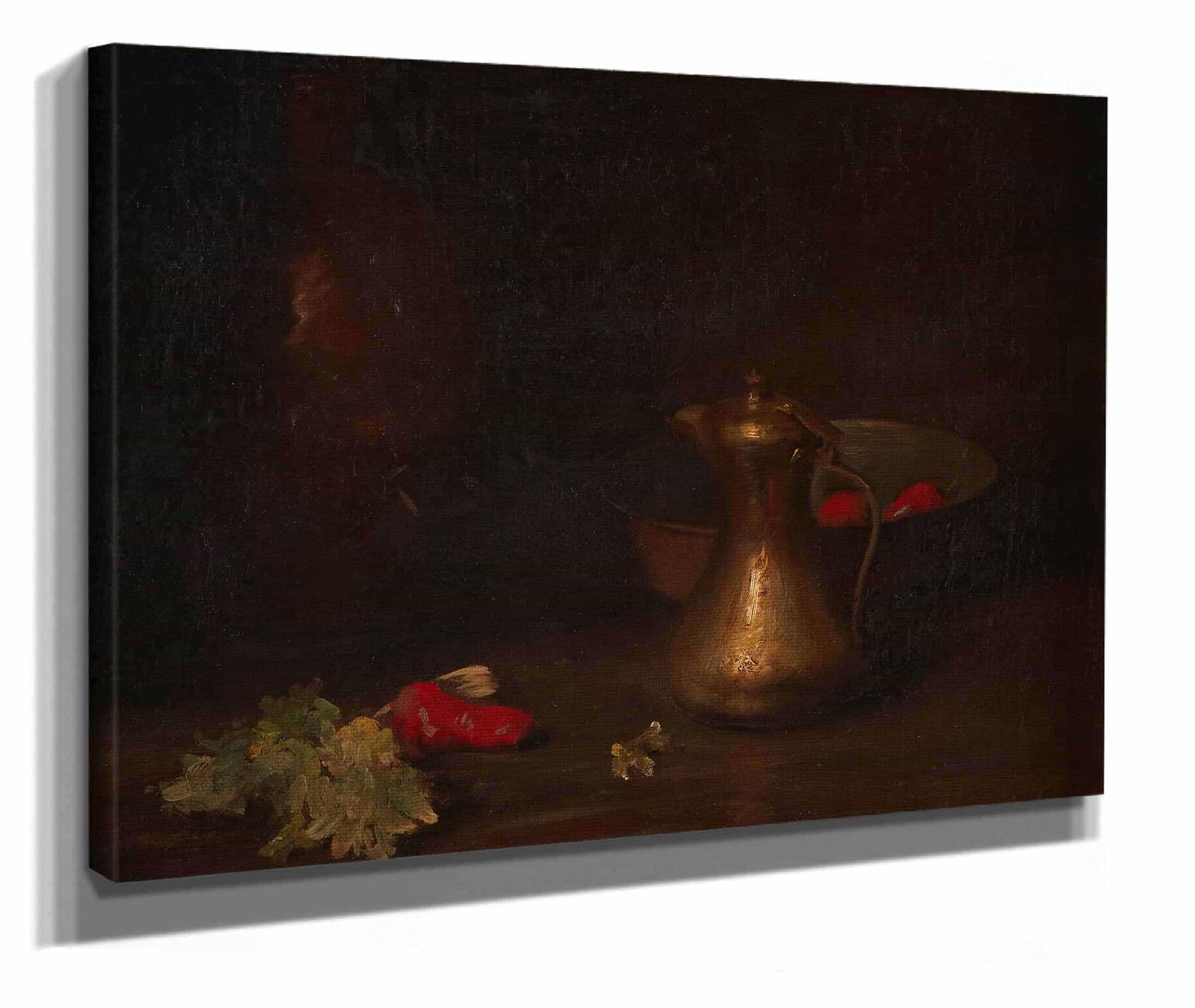 Still Life With Brass Jug Metal Bowl Lettuce And Red Peppers by William Merritt Chase