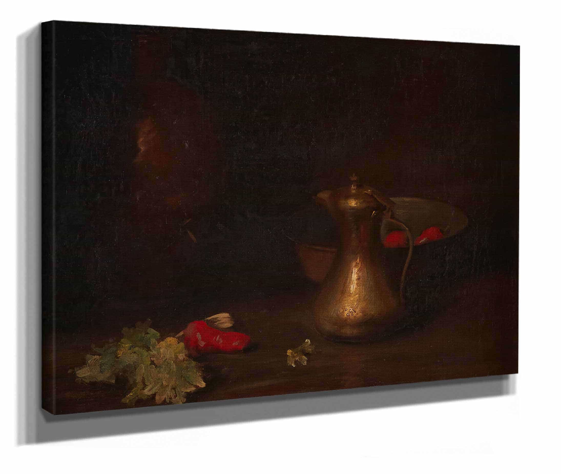 Still Life With Brass Jug Metal Bowl Lettuce And Red Peppers by William Merritt Chase