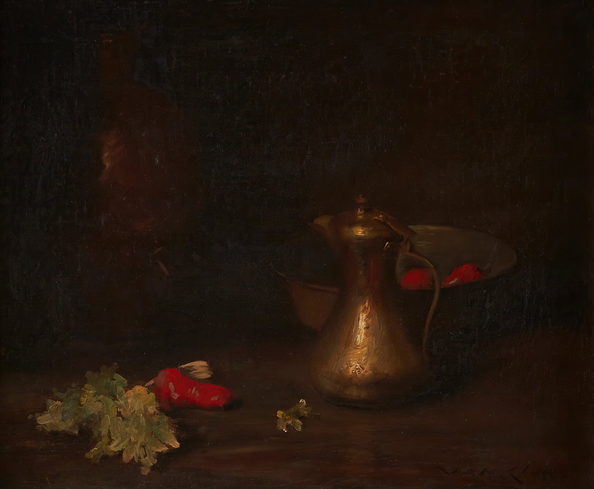 Still Life With Brass Jug Metal Bowl Lettuce And Red Peppers by William Merritt Chase