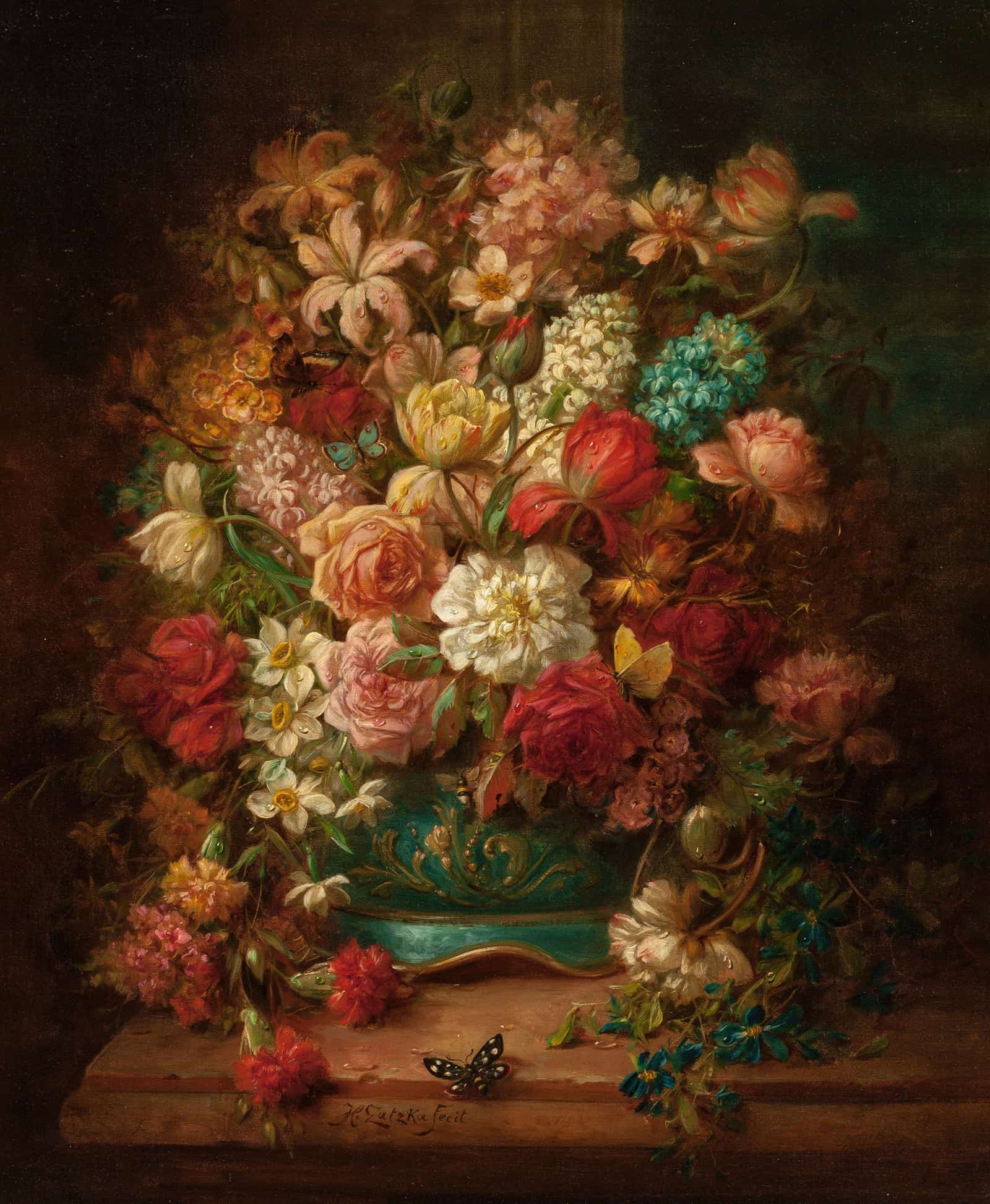 Still Life With Flowers And Butterflies by Hans Zatzka