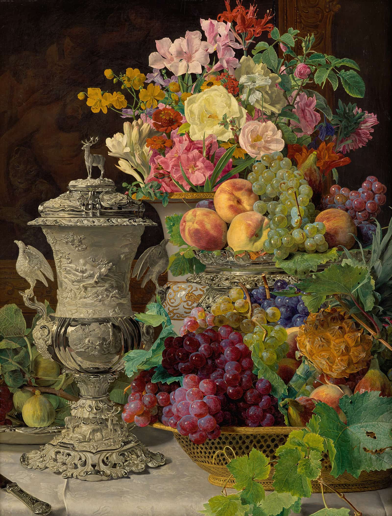 Still Life With Fruit Flowers And A Silver Cup by Ferdinand Georg Waldmuller