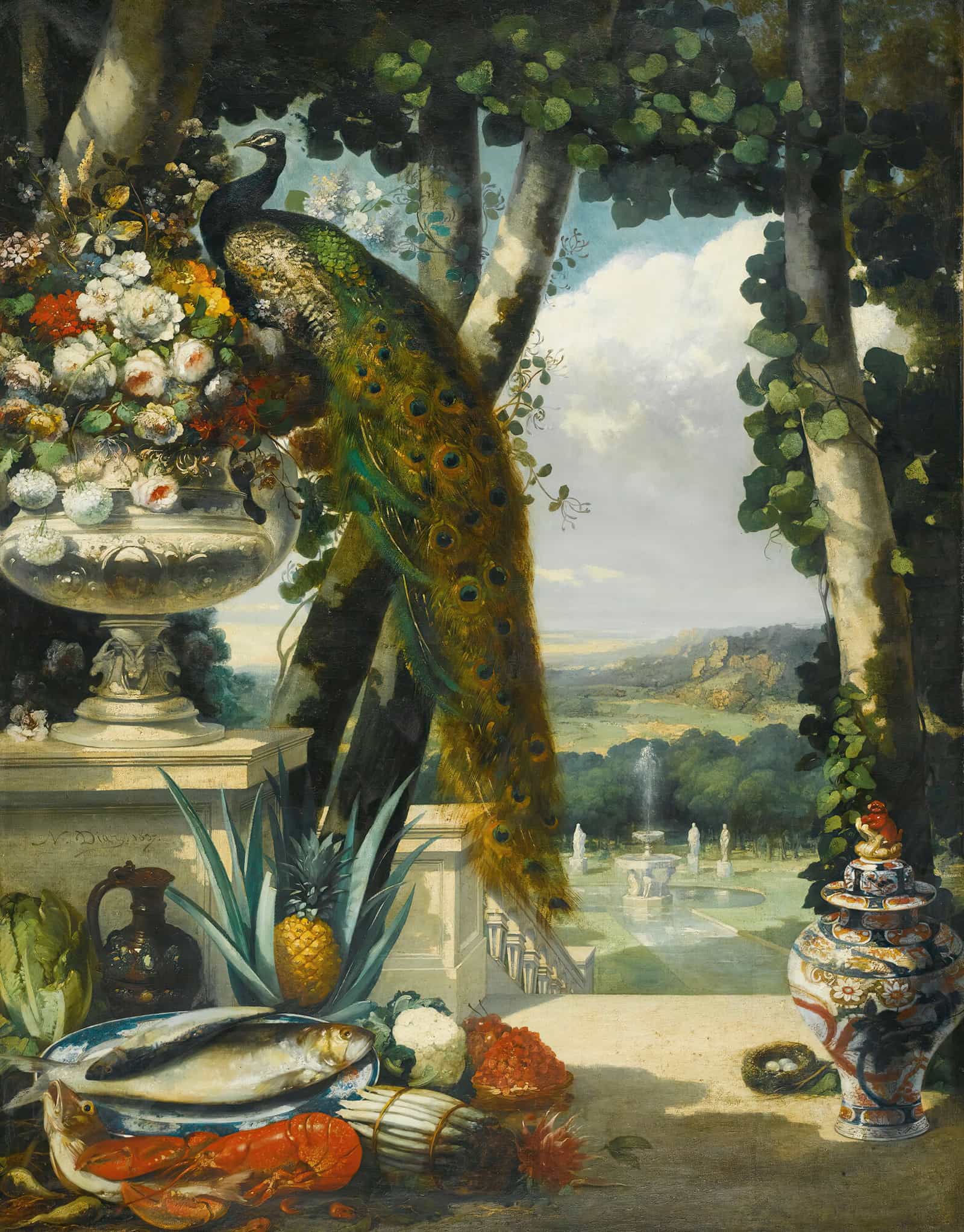 Still Life With Peacock Flowers Fruit And Japanese Vase An Extensive Park Landscape Beyond by Narcisse Virgile Diaz De La Pena