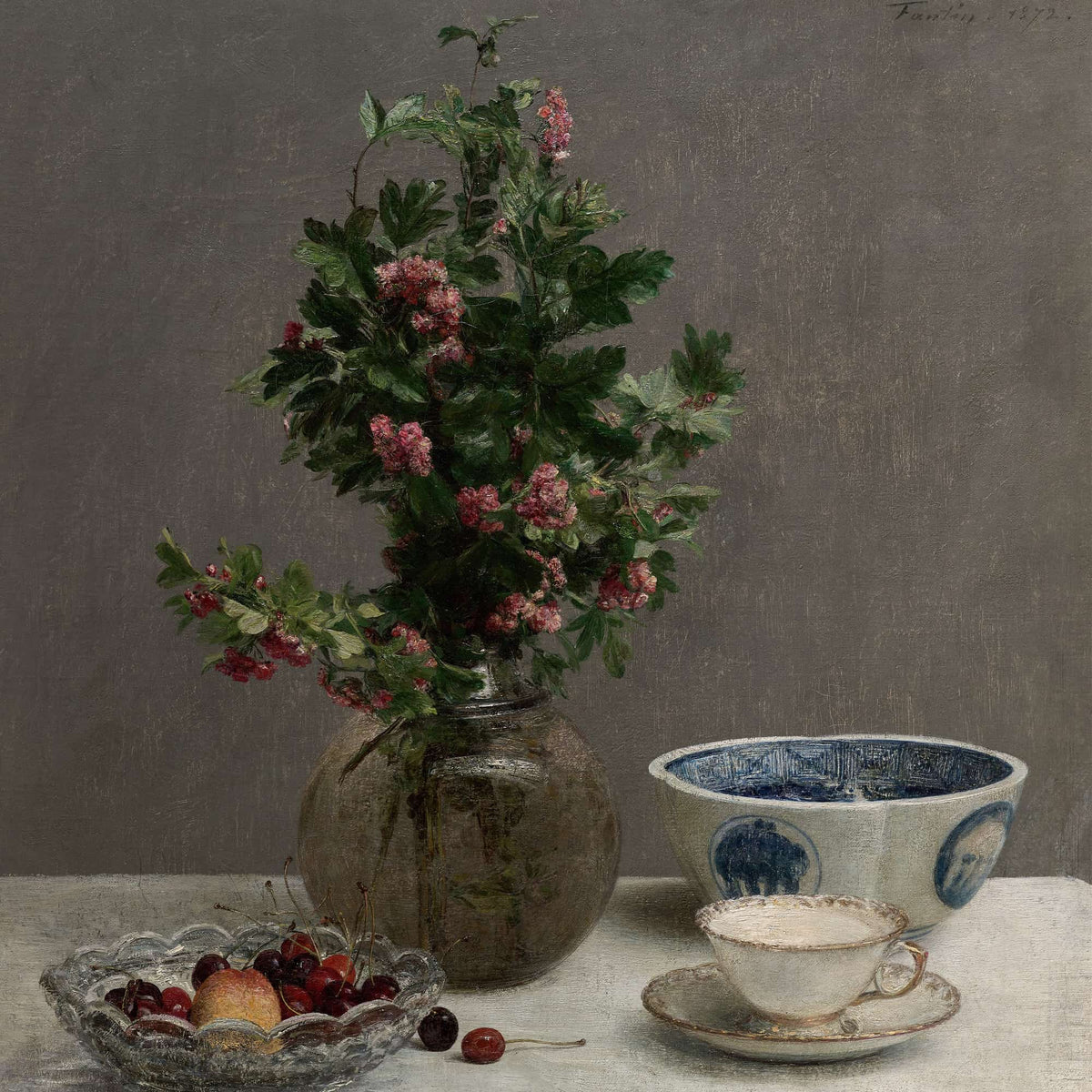 Still Life With Vase Of Hawthorn Bowl Of Cherries Japanese Bowl And Cup And Saucer by Henri Fantin Latour