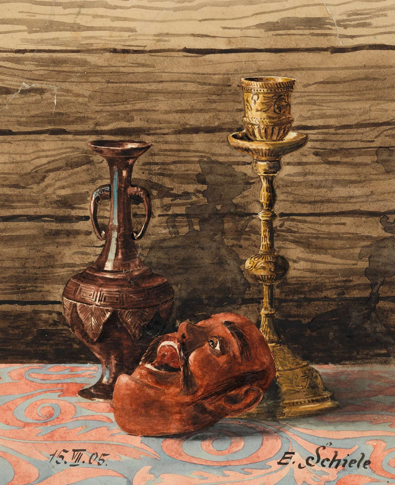 Stillleben Mit Kerzenleuchter Vase Und Maske by Egon Schiele