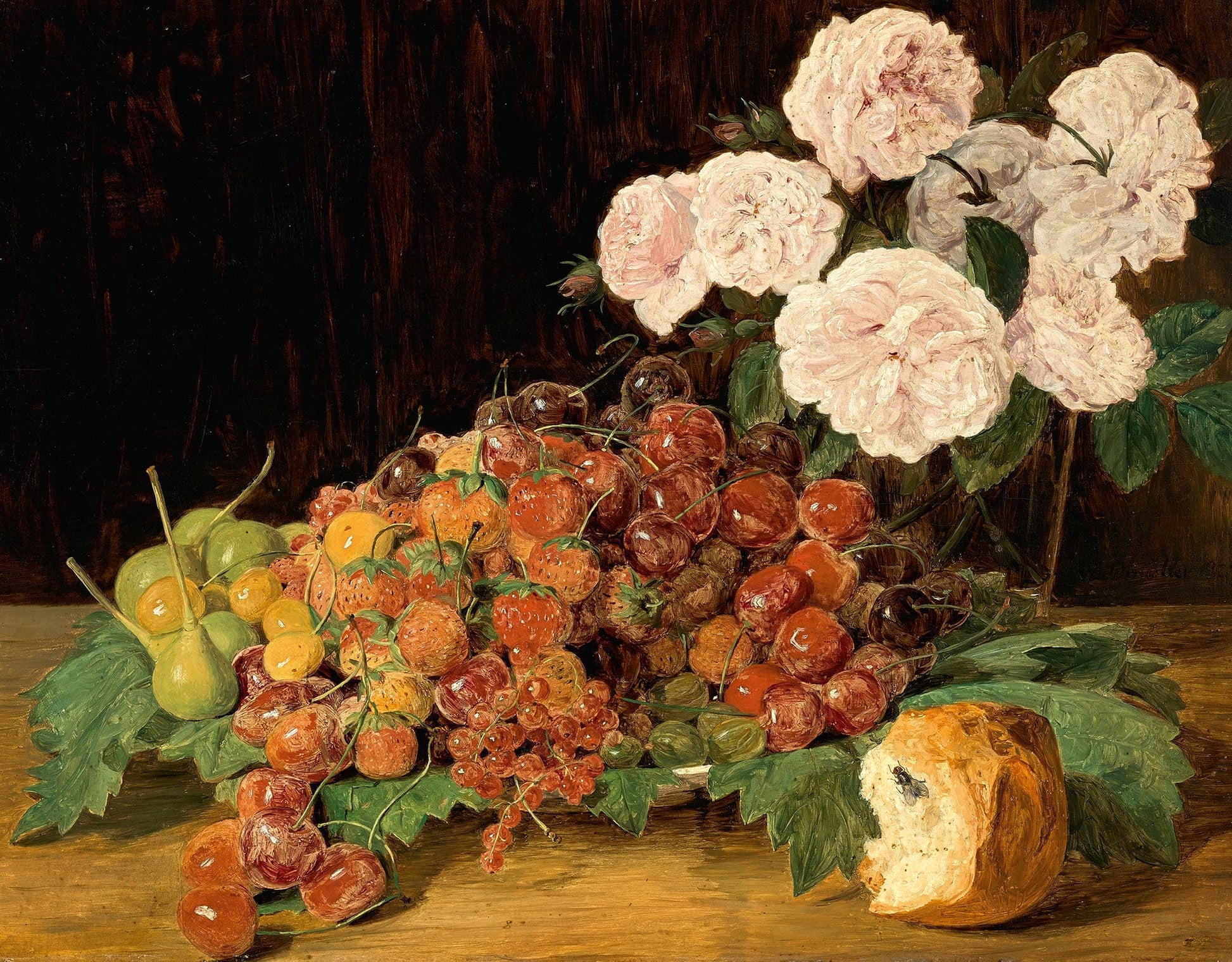 Stillleben Mit Rosen Erdbeeren Und Brot by Ferdinand Georg Waldmuller