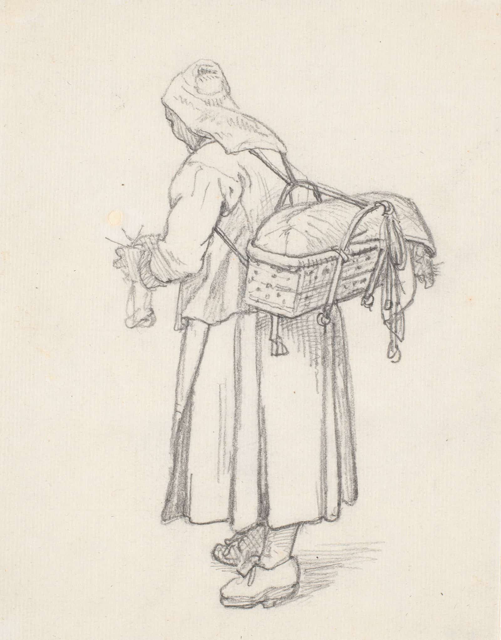 Strikkende Svensk Kone Med Kurv Pa Ryggen by Wilhelm Marstrand