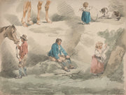 Studies Of Girls One Playing With Hoop One Picking Berries Man And Horse Etc by George Morland