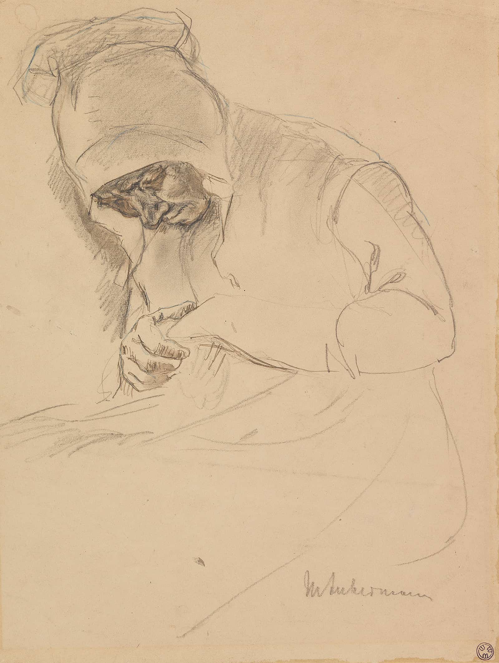 Study For The Painting Stopfende Alte Am Fenster by Max Liebermann