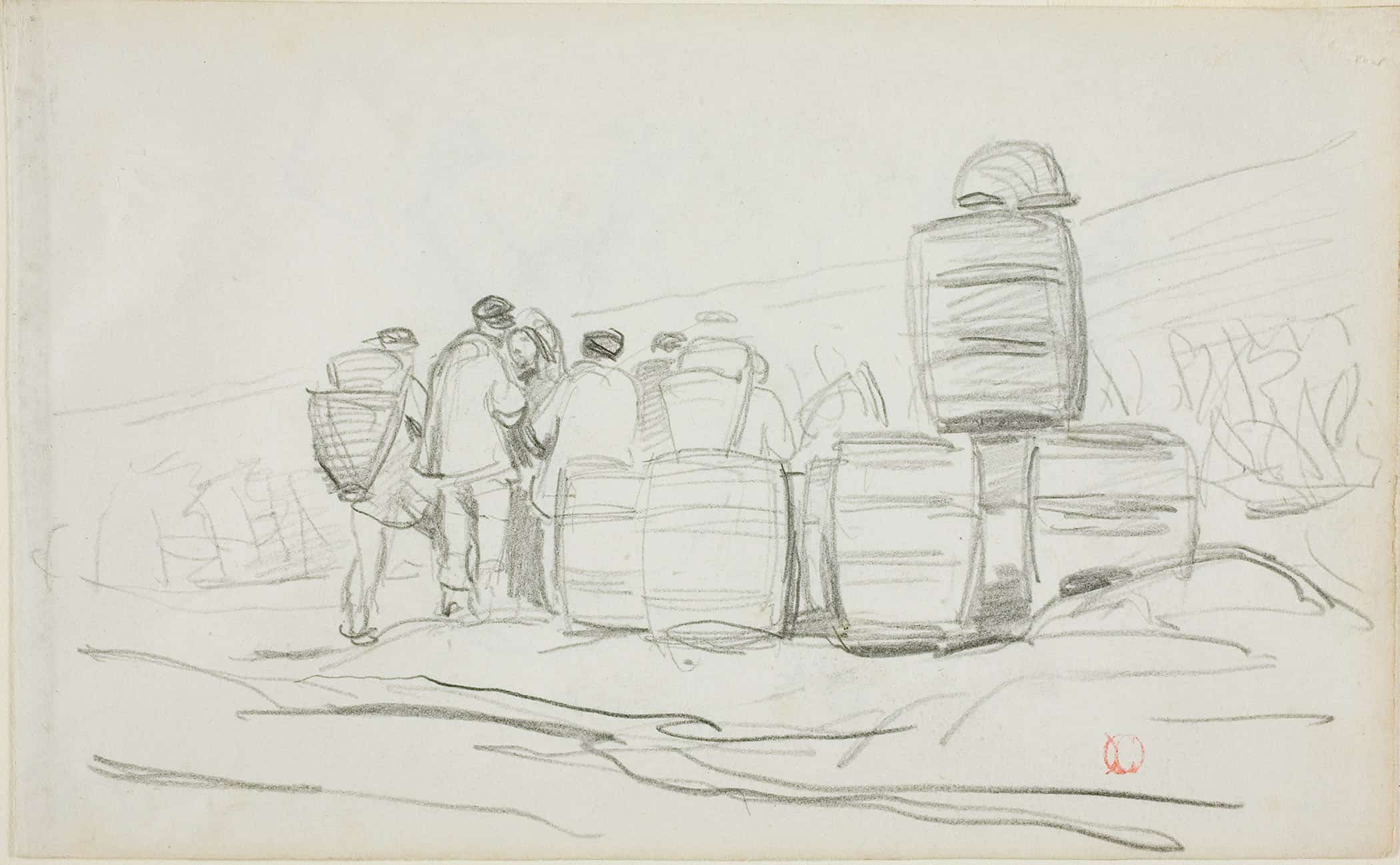 Study Of A Group Of People With Barrels by Charles Francois Daubigny