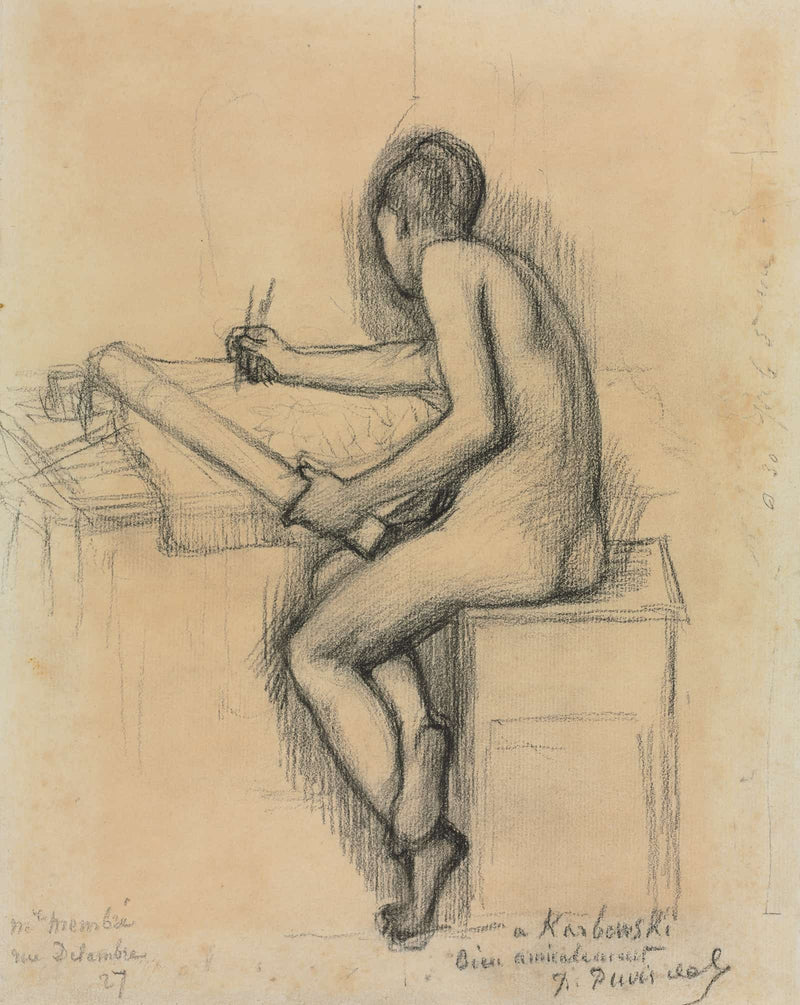 Study Of A Seated Nude Female Model Drawing by Pierre Puvis De Chavannes
