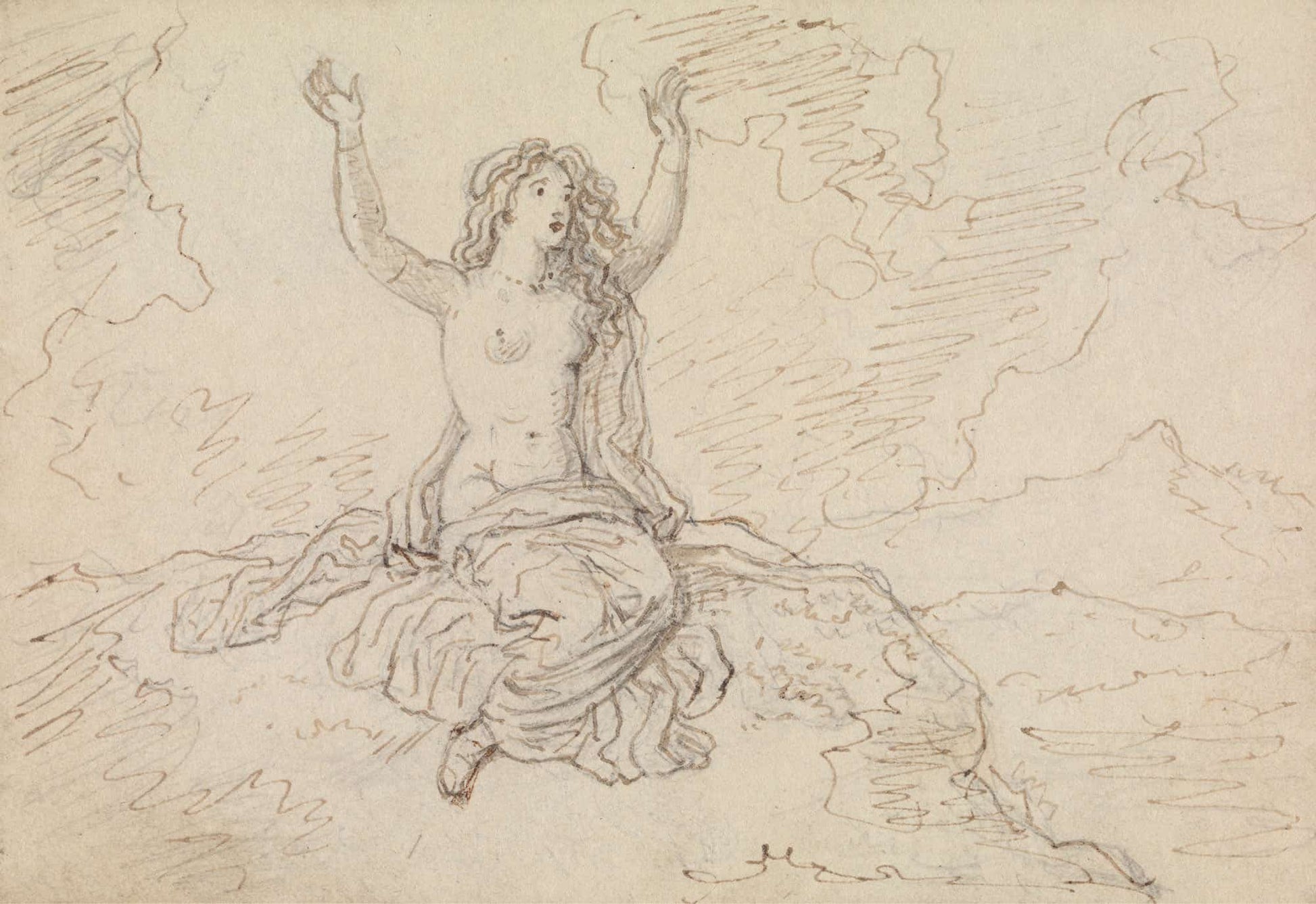 Study Of A Semi Nude Woman Sitting With Her Arms Raised Over Her Head by Robert Smirke
