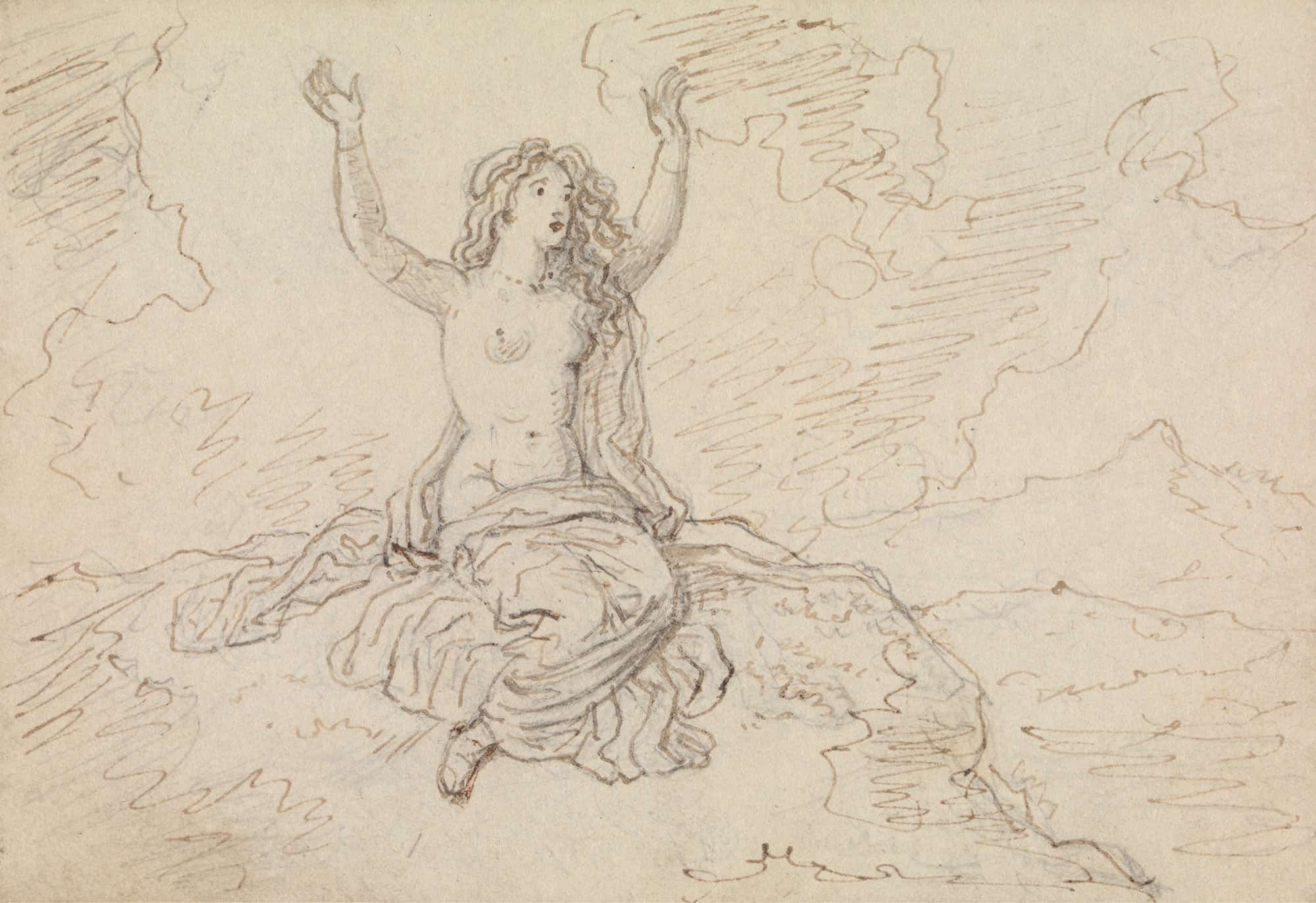 Study Of A Semi Nude Woman Sitting With Her Arms Raised Over Her Head by Robert Smirke