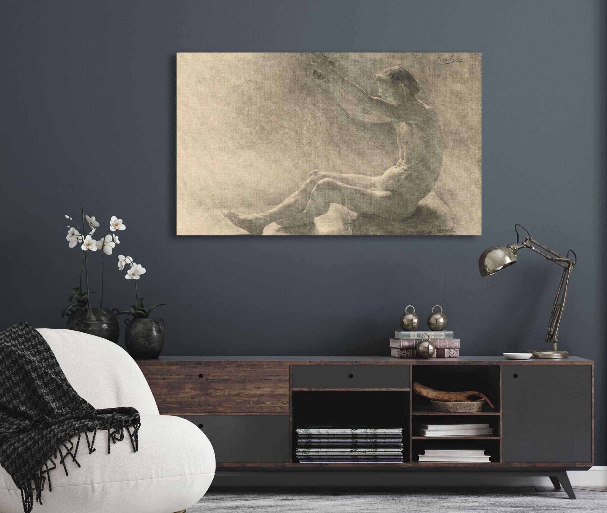 Study Of A Sitting Male Nude With Arms Raised by Jozef Hanula