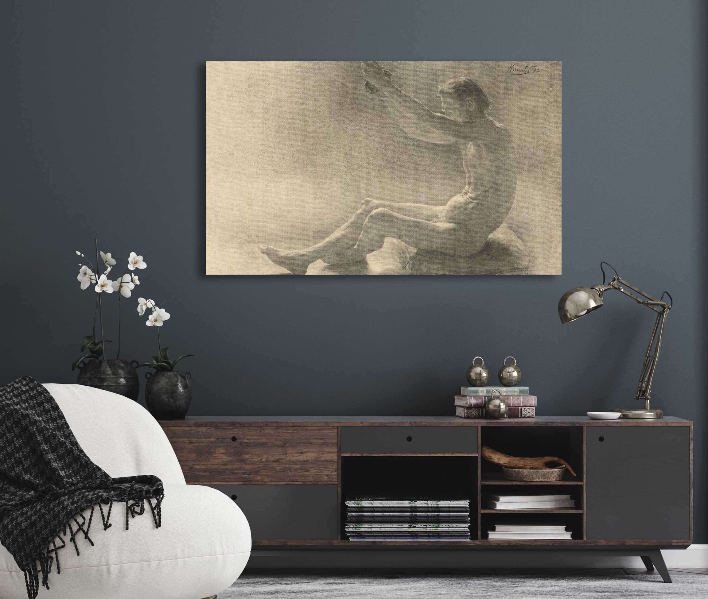 Study Of A Sitting Male Nude With Arms Raised by Jozef Hanula