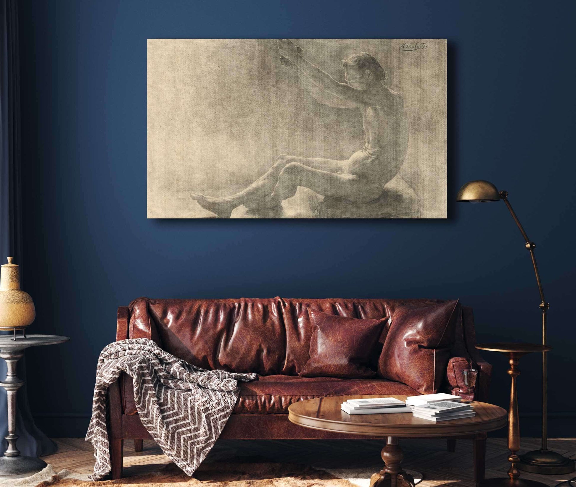Study Of A Sitting Male Nude With Arms Raised by Jozef Hanula