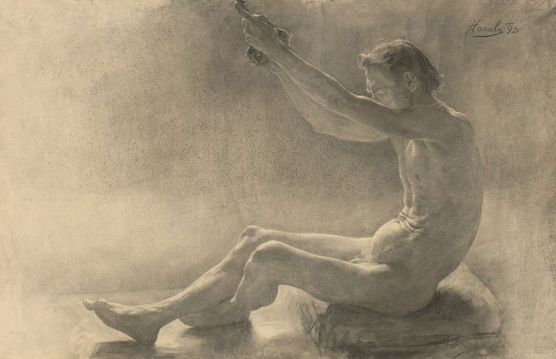 Study Of A Sitting Male Nude With Arms Raised by Jozef Hanula