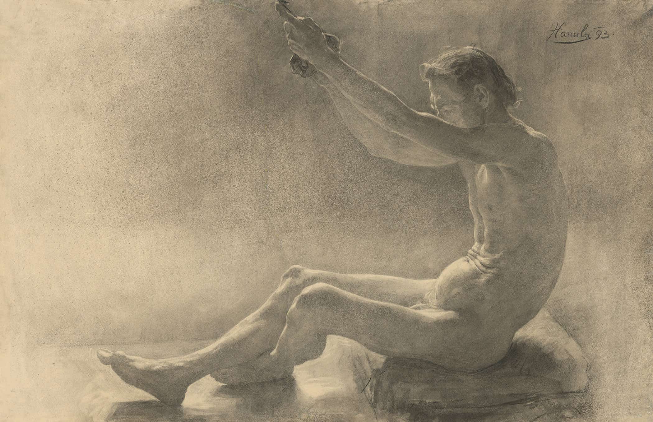 Study Of A Sitting Male Nude With Arms Raised by Jozef Hanula