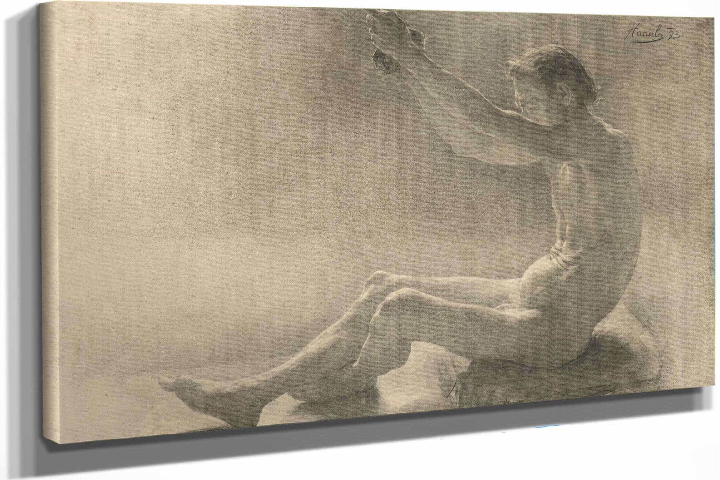 Study Of A Sitting Male Nude With Arms Raised by Jozef Hanula