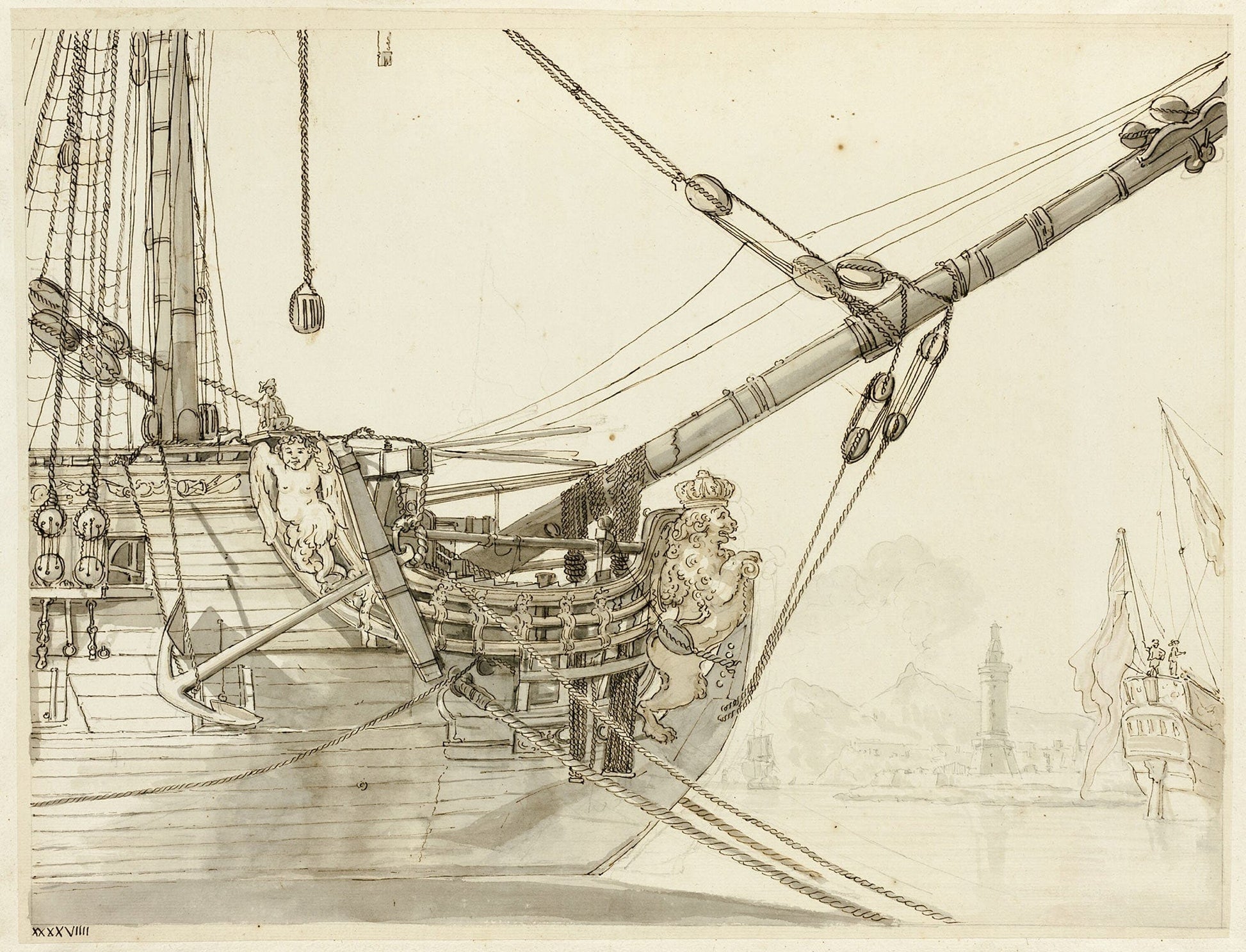 Study Of A Warships Prow With British Warships And Naples Harbor Beyond by Claude Joseph Vernet