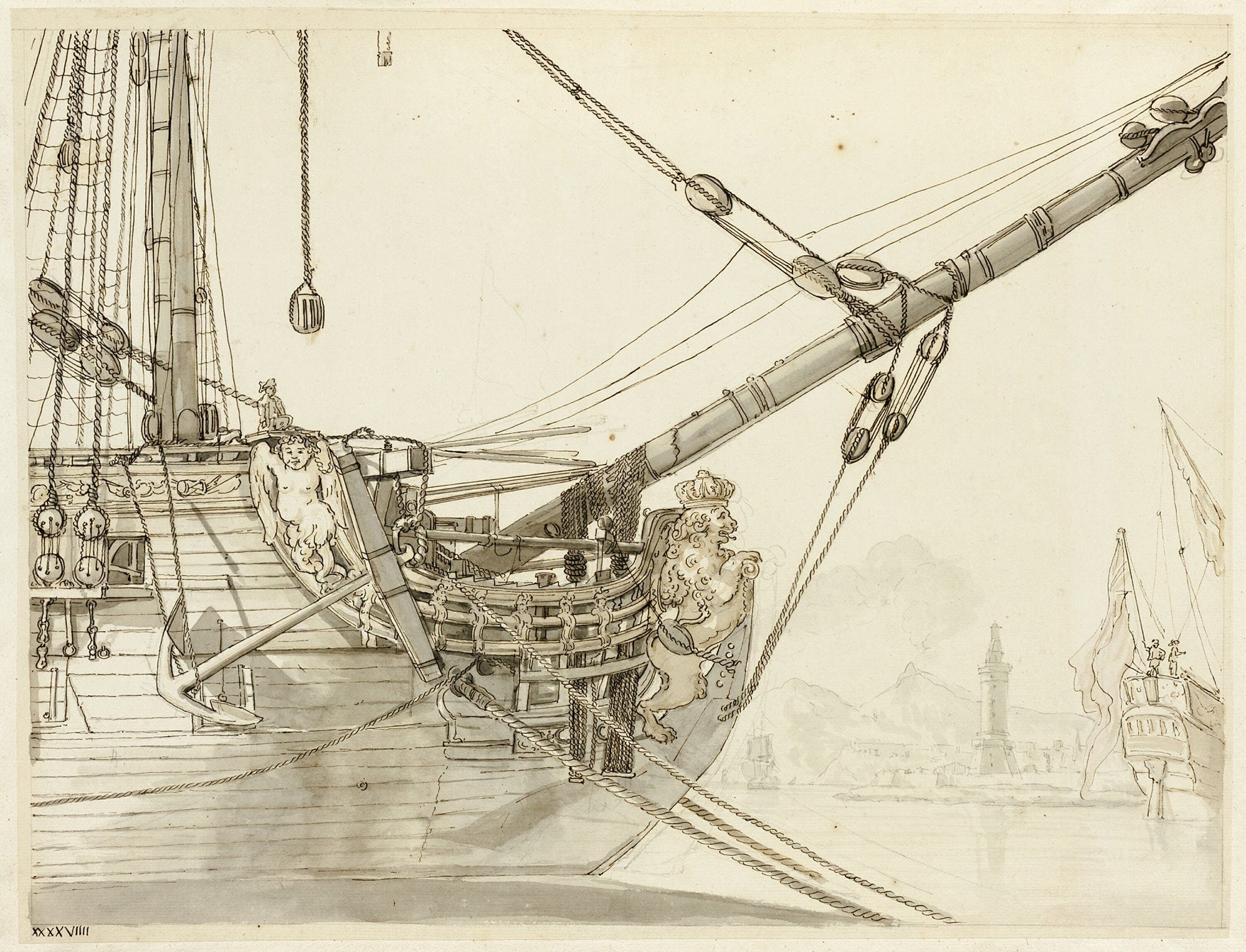 Study Of A Warships Prow With British Warships And Naples Harbor Beyond by Claude Joseph Vernet