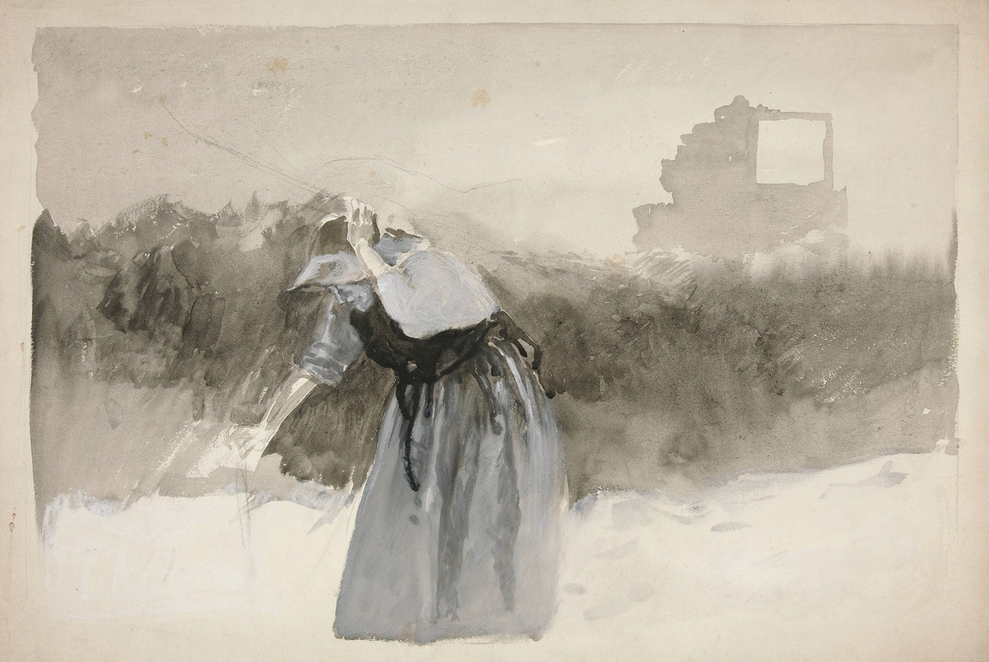 Study Of A Woman In Bonnet Leaning Over by Edwin Austin Abbey