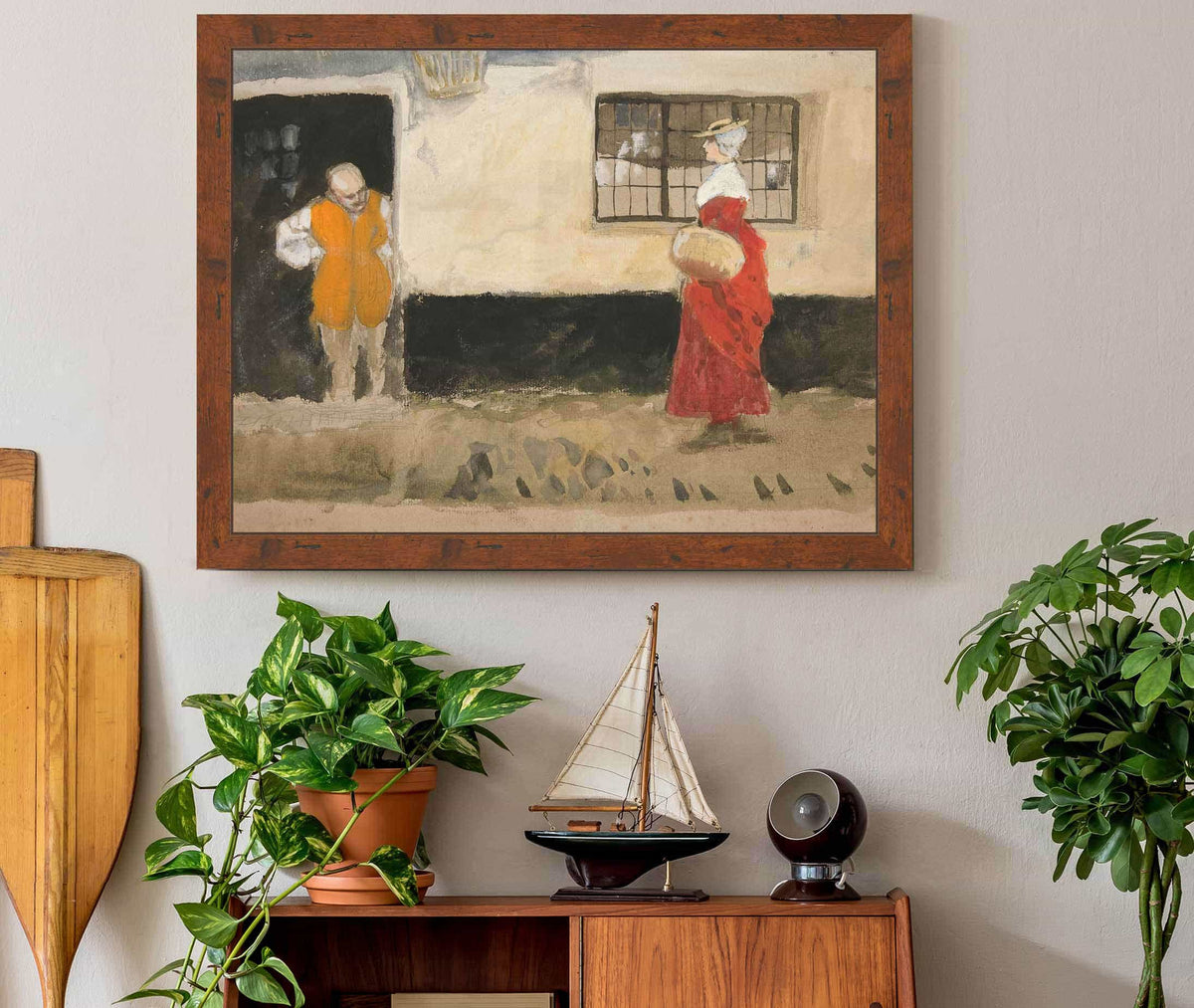 Study Of Street Scene Man At Door Woman In Red Dress by Edwin Austin Abbey