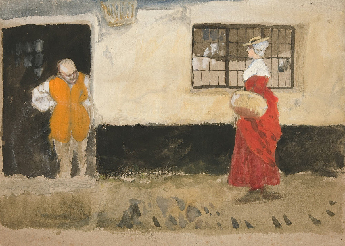 Study Of Street Scene Man At Door Woman In Red Dress by Edwin Austin Abbey