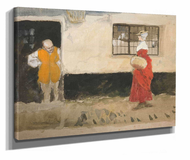 Study Of Street Scene Man At Door Woman In Red Dress by Edwin Austin Abbey