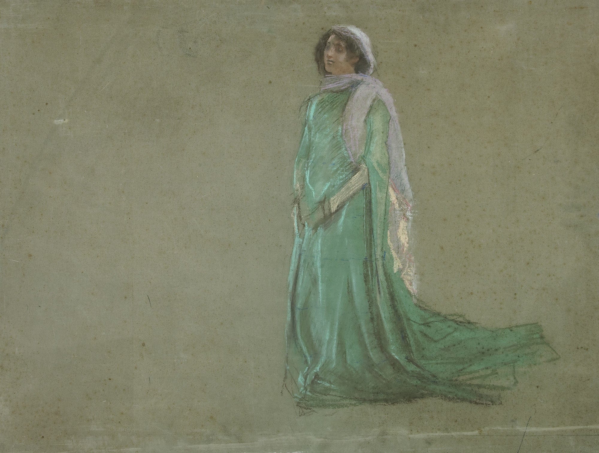 Study Woman In Long Green Dress Pink Scarf by Edwin Austin Abbey