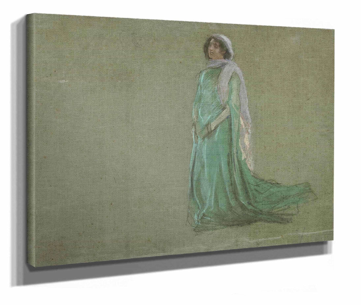 Study Woman In Long Green Dress Pink Scarf by Edwin Austin Abbey