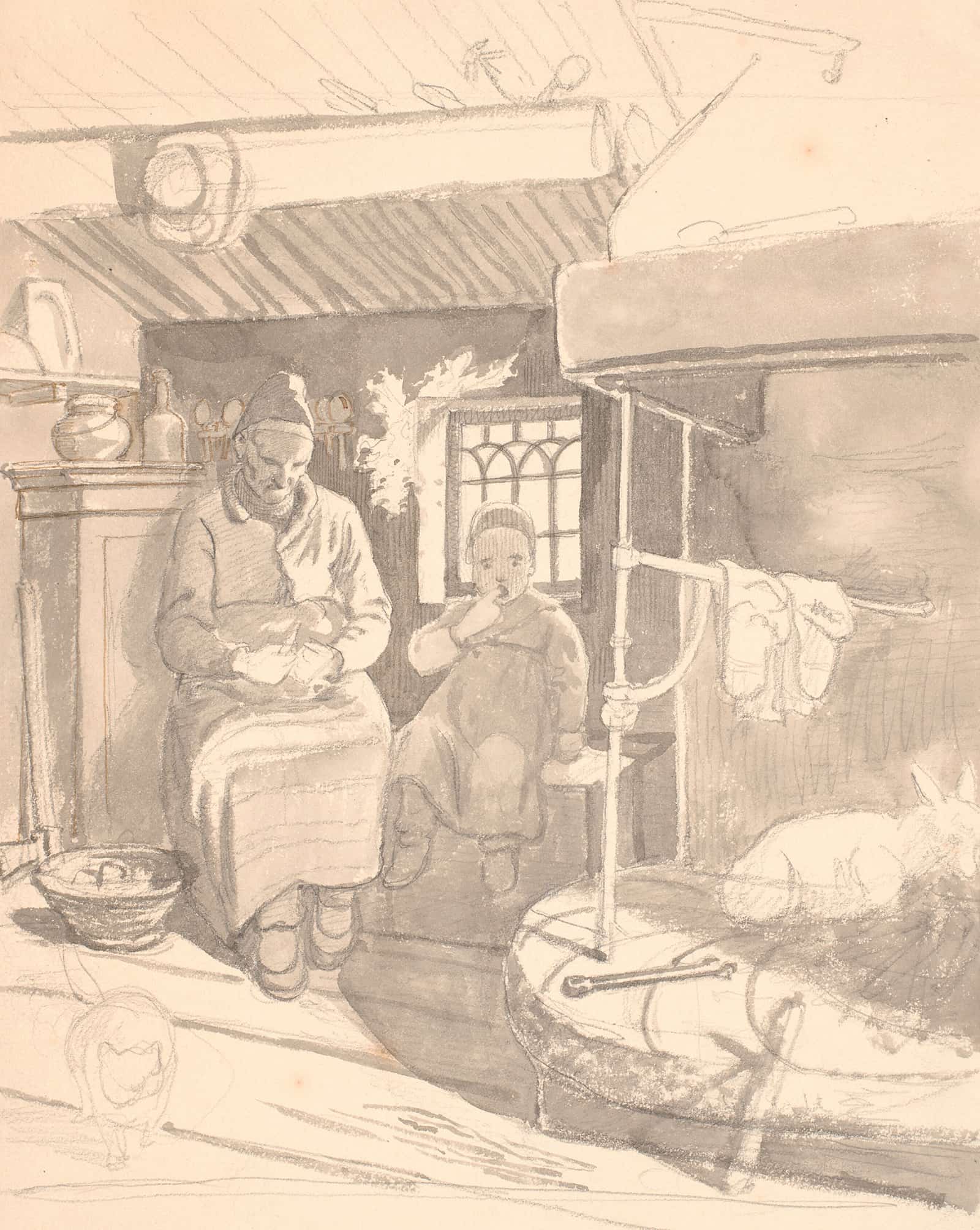 Svensk Bondestue Med Gammel Kone Og Barn by Wilhelm Marstrand